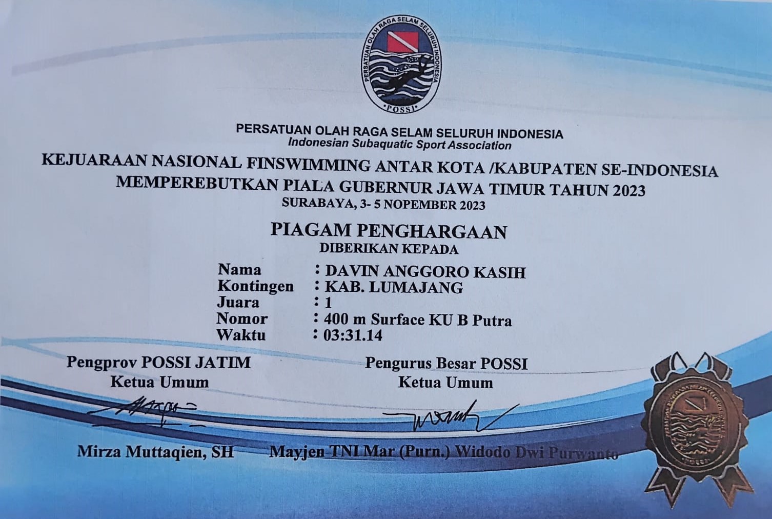 Kejuaaraan Nasional Finswimming  400 m Surface KU B Putra Antar Kota/ Kabupaten Se- Indonesia Piala Gubernur Jawa Timur