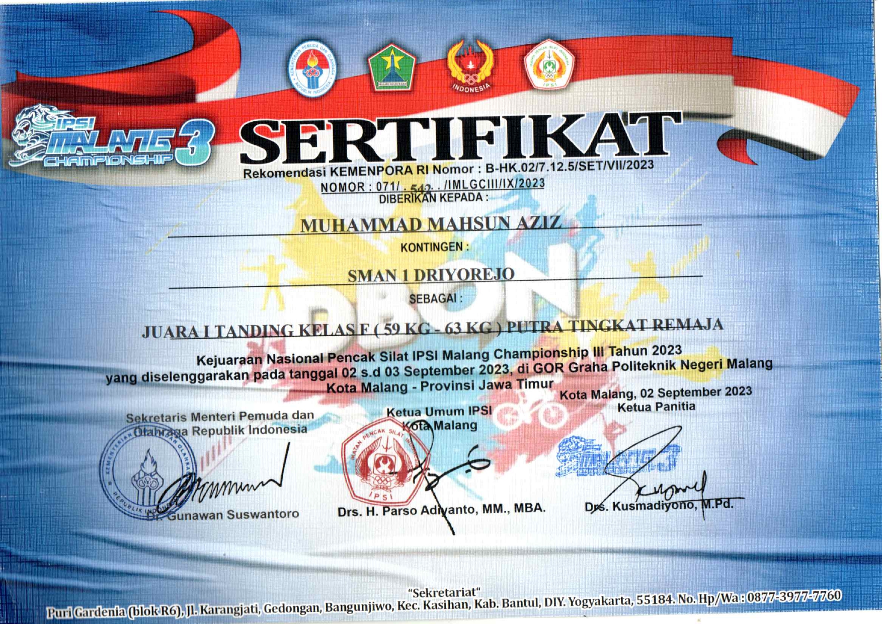 Juara I Tanding Kelas F (59 Kg-63 Kg) Putra Tingkat Remaja - Pencak Silat IPSI Malang Championship III