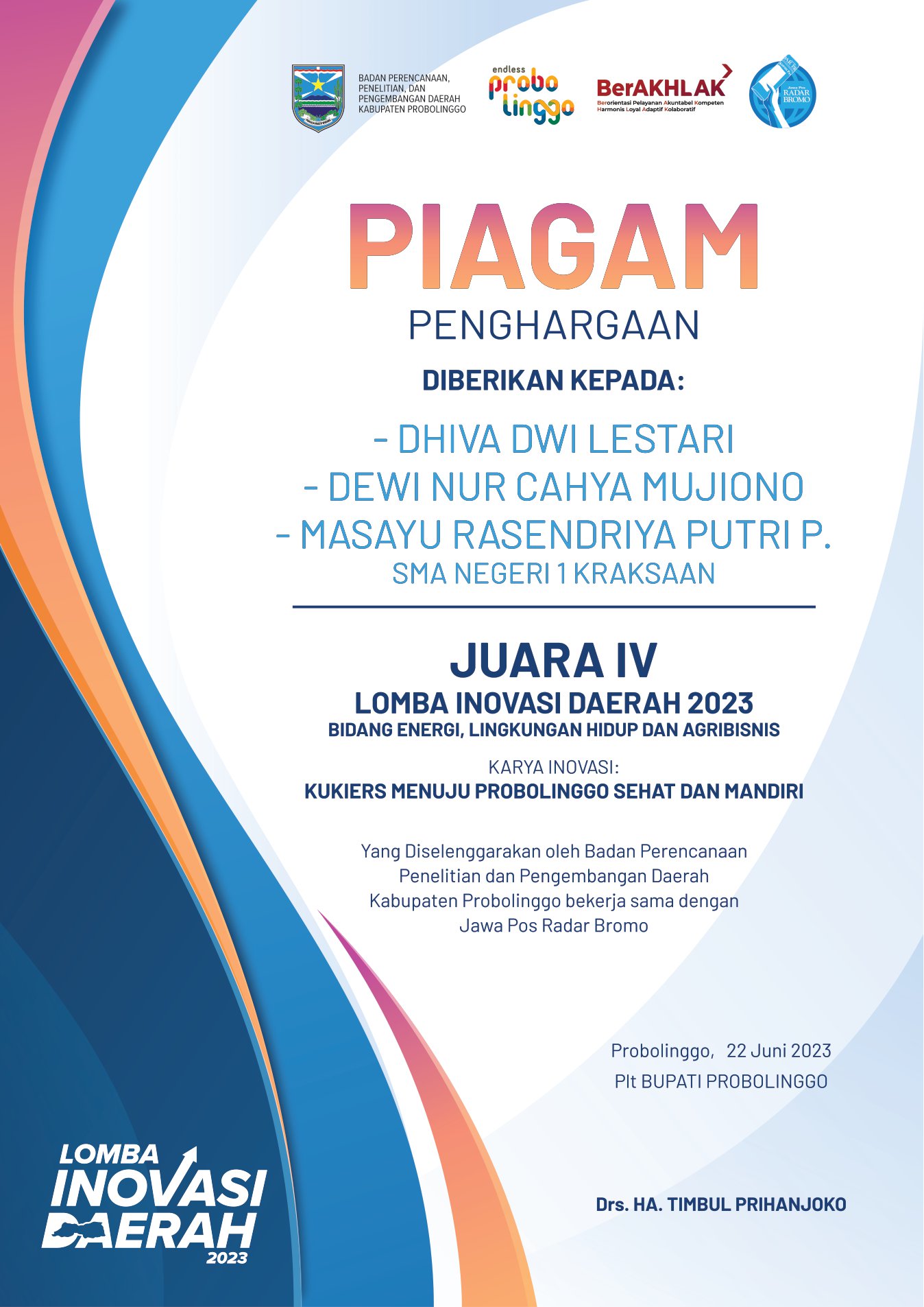 Lomba Inovasi Daerah 2023 Bidang Energi, Lingkungan Hidup dan Agribisnis, Karya Inovasi: Kukiers Menuju Probolinggo Sehat dan Mandiri