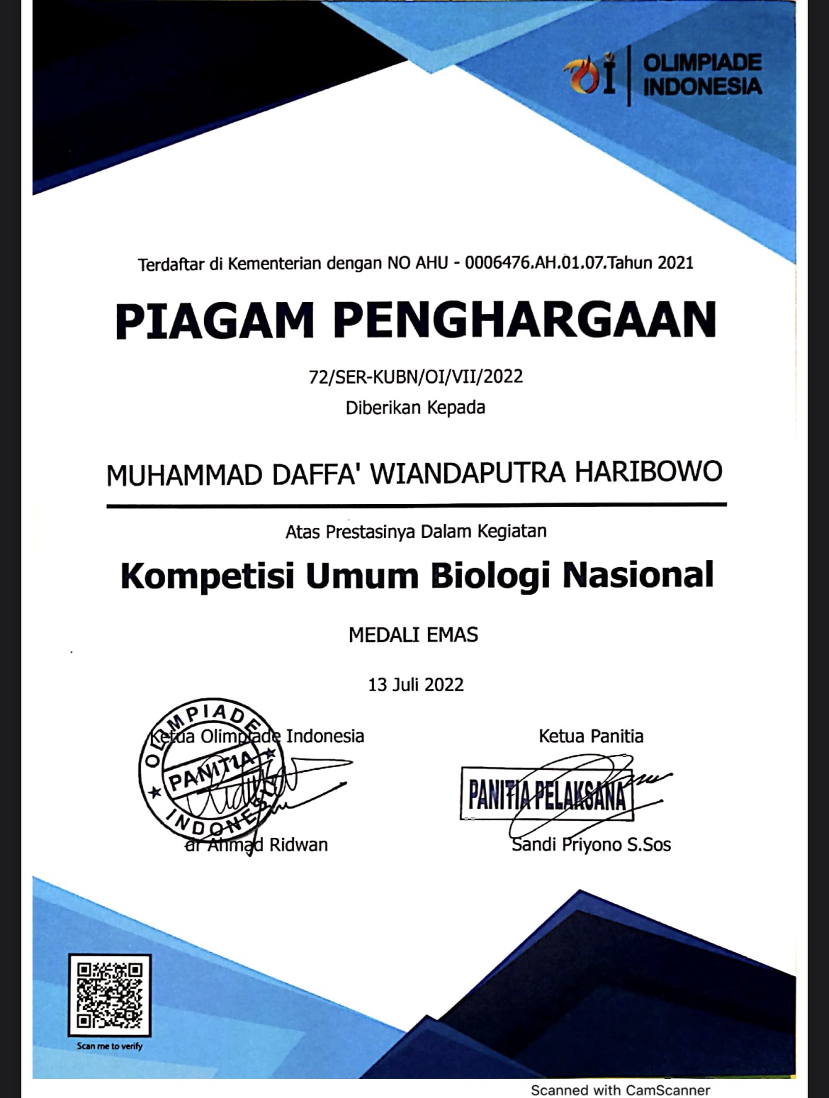 MEDALI EMAS BIOLOGI KOMPETISI UMUM BIOLOGI NASIONAL