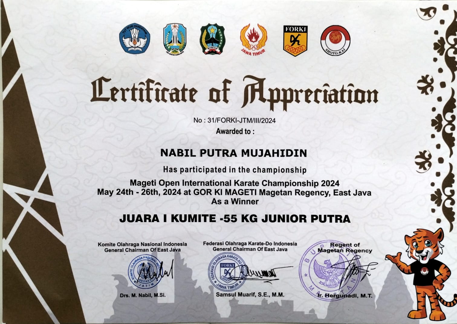 HAS PARTICIPATED IN THE CHAMPIONSHIP MAGATI OPEN INTERNATIONAL KARATE CHAMPIONSHIP JUARA 1 KUMITE -55 KG JUNIOR PUTRA2024