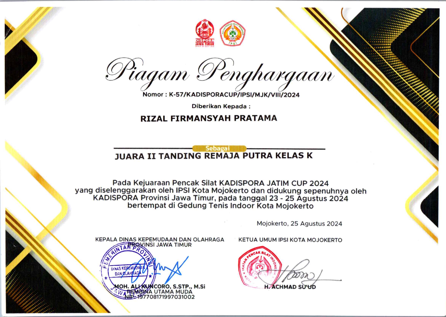 KEJUARAAN PENCAK SILAT KADISPORA JATIM CUP 2024 KATEGORI TANDING REMAJA PUTRA KELAS K