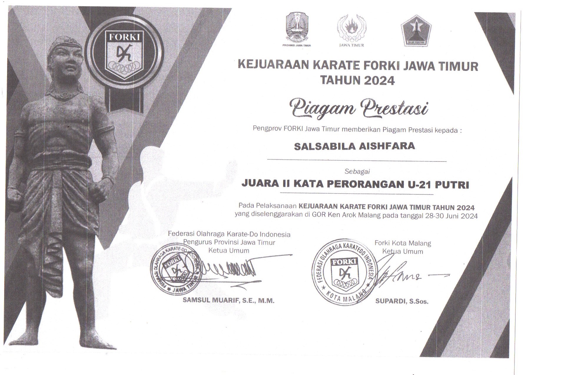 JUARA 2 KATA PERORANGAN U-21 PUTRI KEJUARAAN KARATE FORKI JAWA TIMUR TAHUN 2024