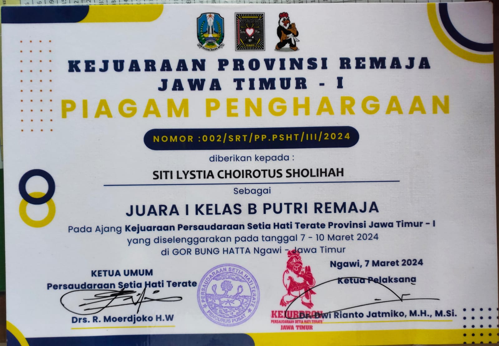 JUARA 1 KELAS B PUTRI REMAJA KEJUARAAN PERSAUDARAAN SETIA HATI TERATE PROVINSI JAWA TIMUR - 1