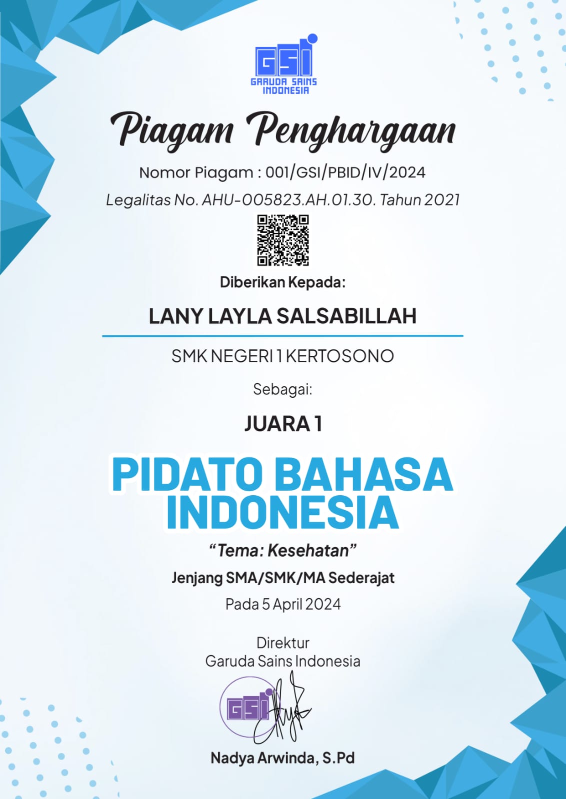 JUARA 1 LOMBA PIDATO B.INDONESIA NASIONAL 2024