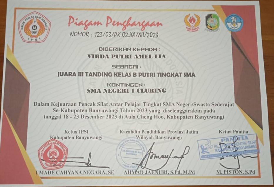 Tanding Kelas B Putri Tingkat SMA Pada Kejuaraan Pencak Silat Antar Pelajar Tingkat  SMA Negeri / Swasta Sederajat se Kabupaten  Banyuwangi Tahun 2023 yang diselenggarakan pada tanggal 18 -23 Desember di Aula Cheng Hoo