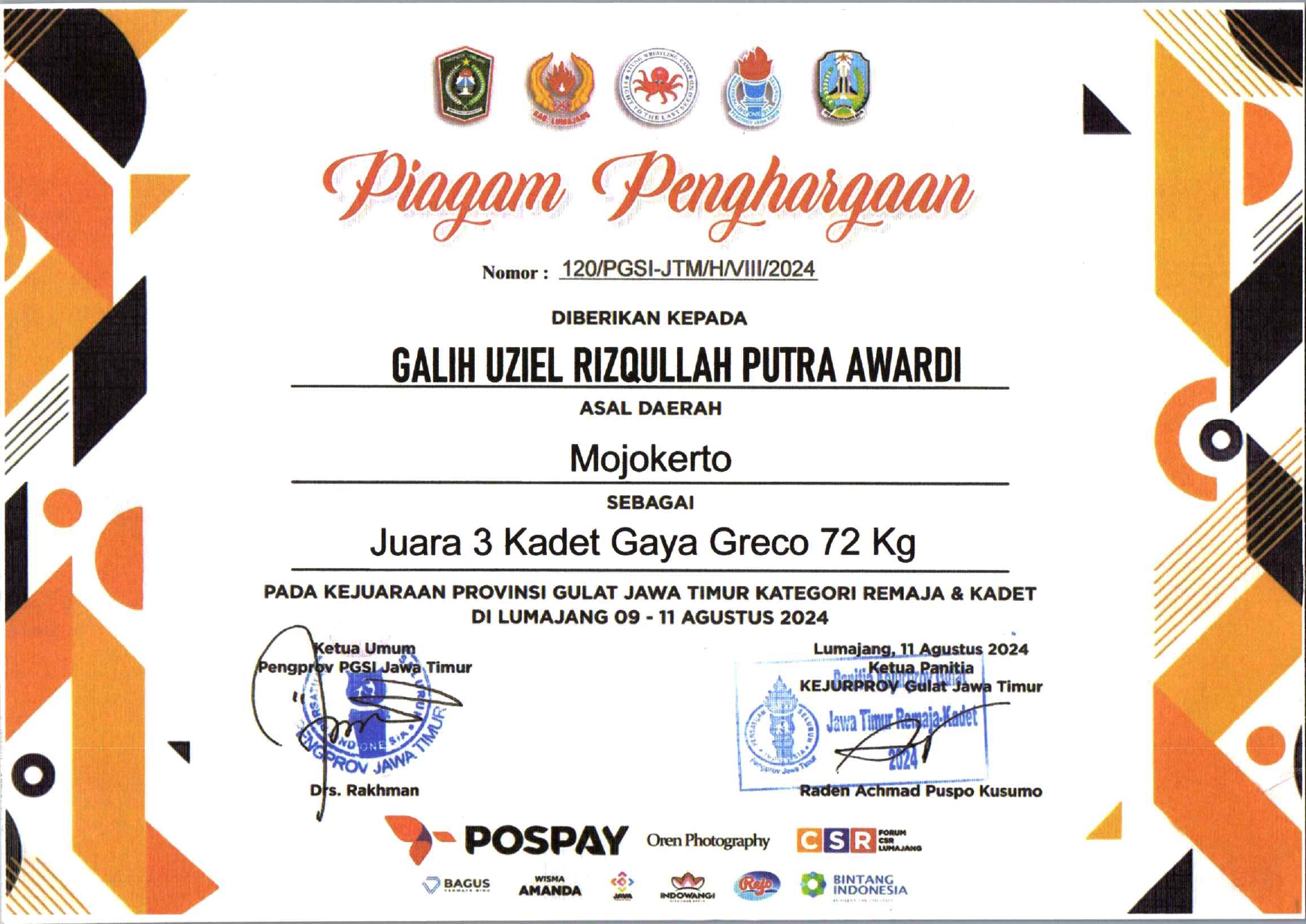 KEJUARAAN PROVINSI GULAT REMAJA & KADET KATEGORI KADET GAYA GRECO 72 Kg