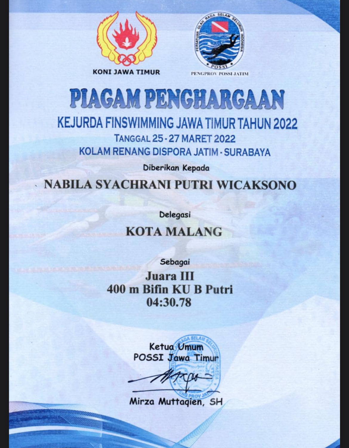 Juara 3 nomer 400 m bifin KU B Putri Kejurda Finswimming Jawa Timur Tahun 2022 