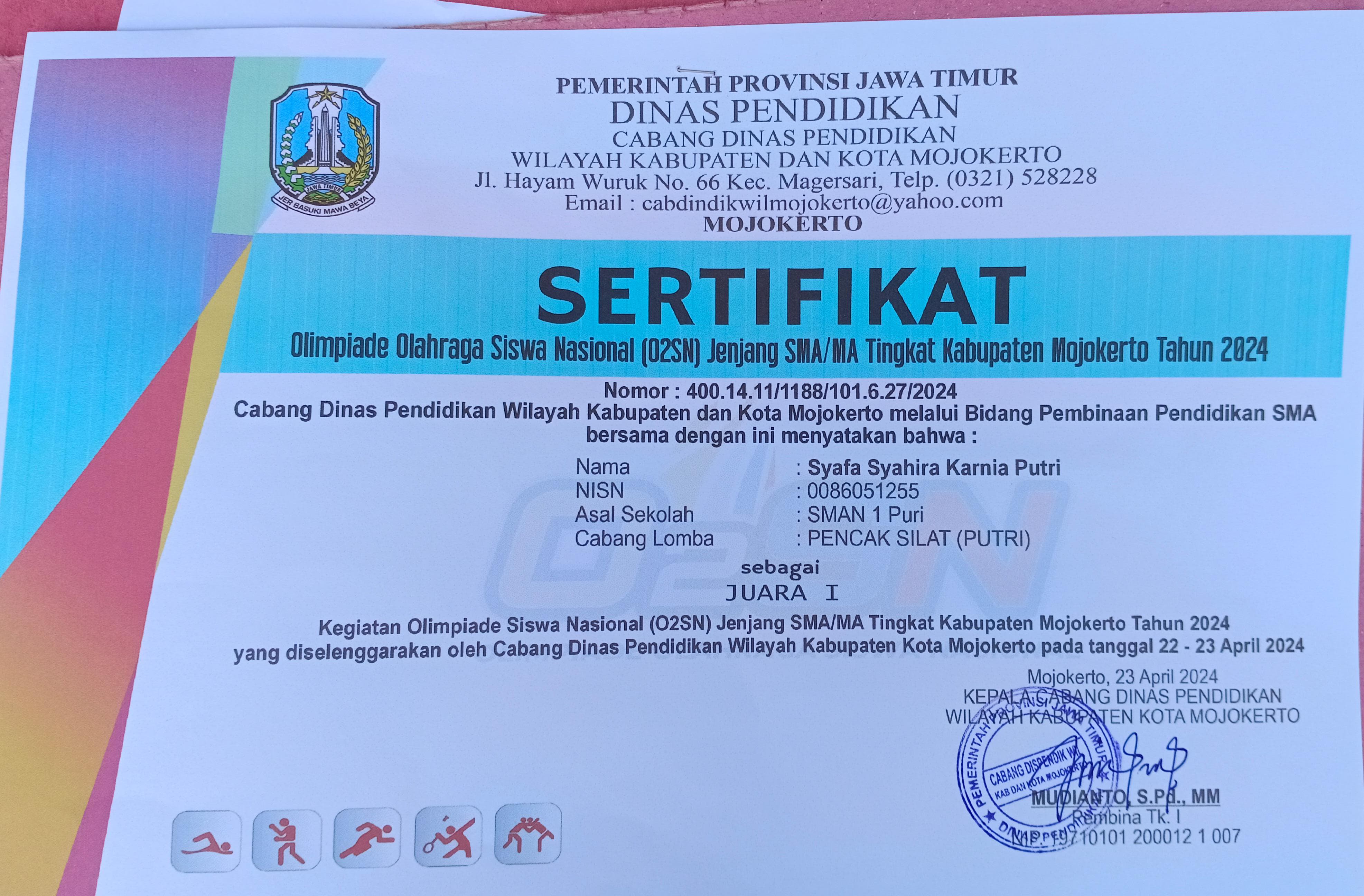 Juara 1 O2SN cabang Lomba Pencak Silat