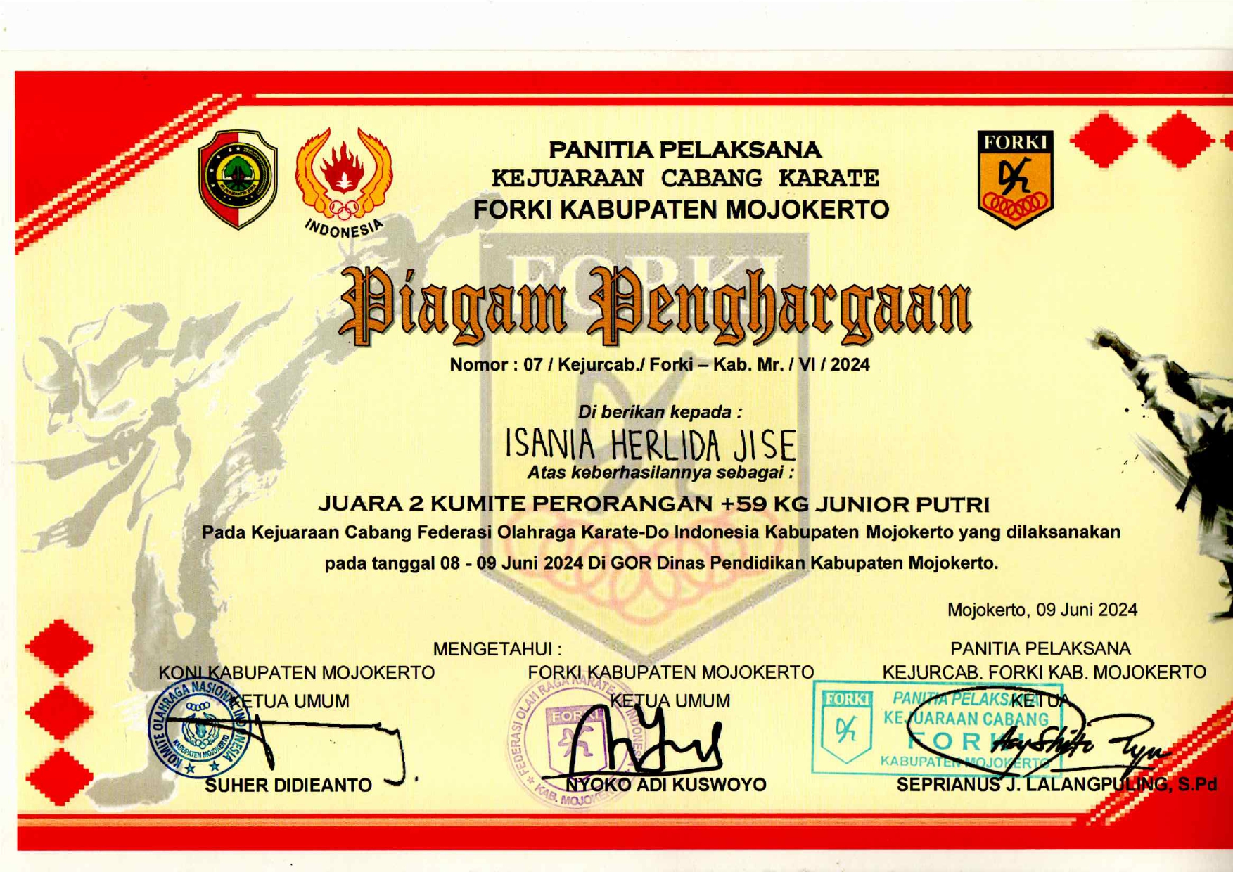 KEJUARAAN CABANG FEDERSAI OLAHRAGA KARATE-DO INDONESIA KABUPATEN MOJOKERTO PERORANGAN +59 KG JUNIOR PUTRI