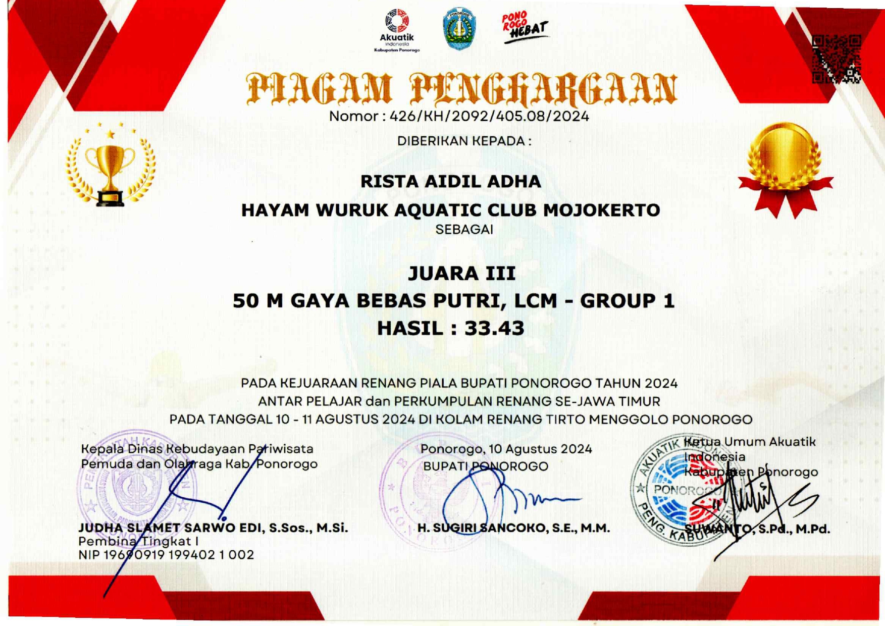 KEJUARAAN RENANG PIALA BUPATI PONOROGO KATEGORI 50 M GAYA BEBAS PUTRI LCM GROUP 1