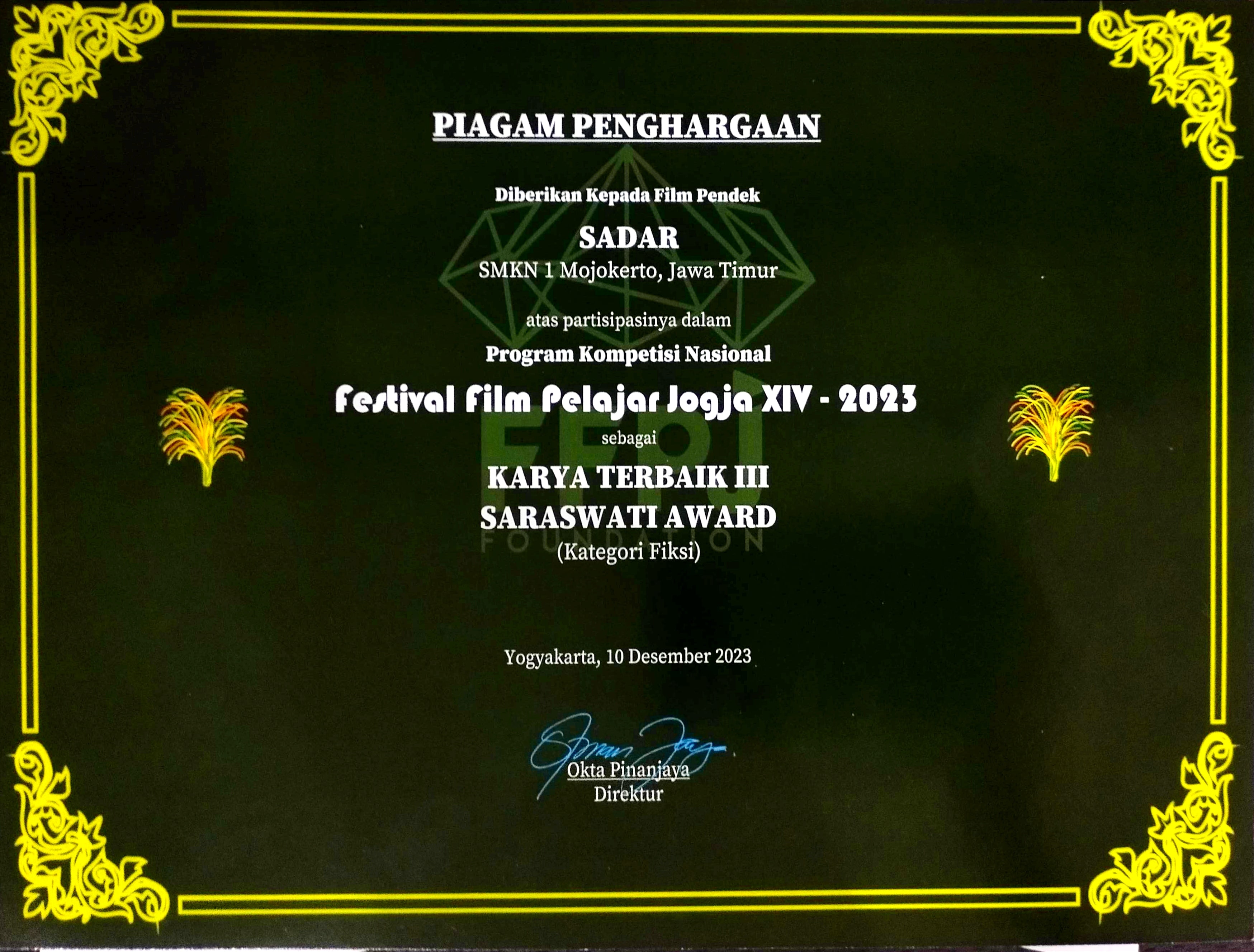 Karya Terbaik 3 Saraswati Award Festival Film Pelajar Jogjakarta