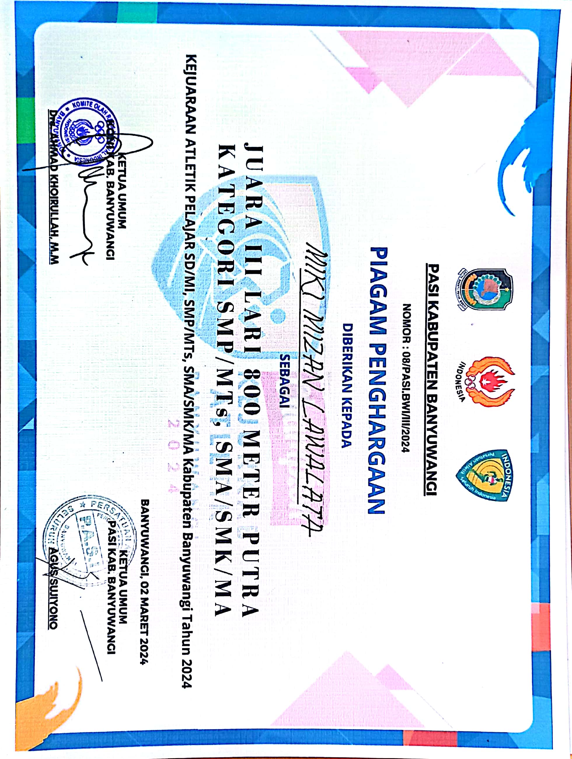 Juara Tiga Lari 800 Meter Putra dalam Kejuaraan Atletik Pelajar SD/MI, SMP/MTs, SMA/SMK/MA