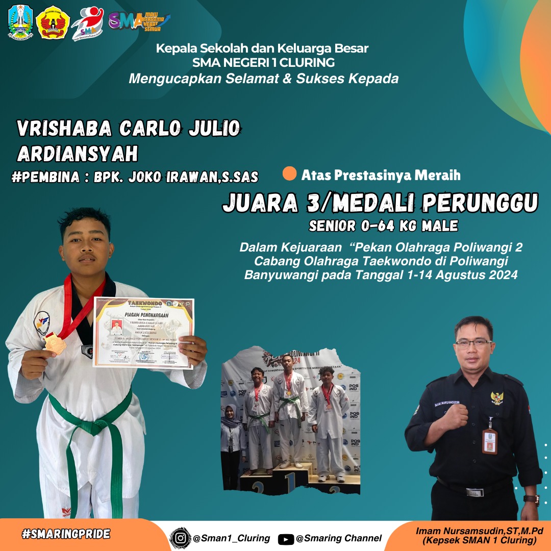 Juara 3 / Medali Perunggu Senior O - 64 Kg Male Dalam Kejuaraan Pekan Olahraga Poliwangi II Cabang Olahraga Taekwondo di Politeknik Negeri Banyuwangi 1 -14 Agustus 2024