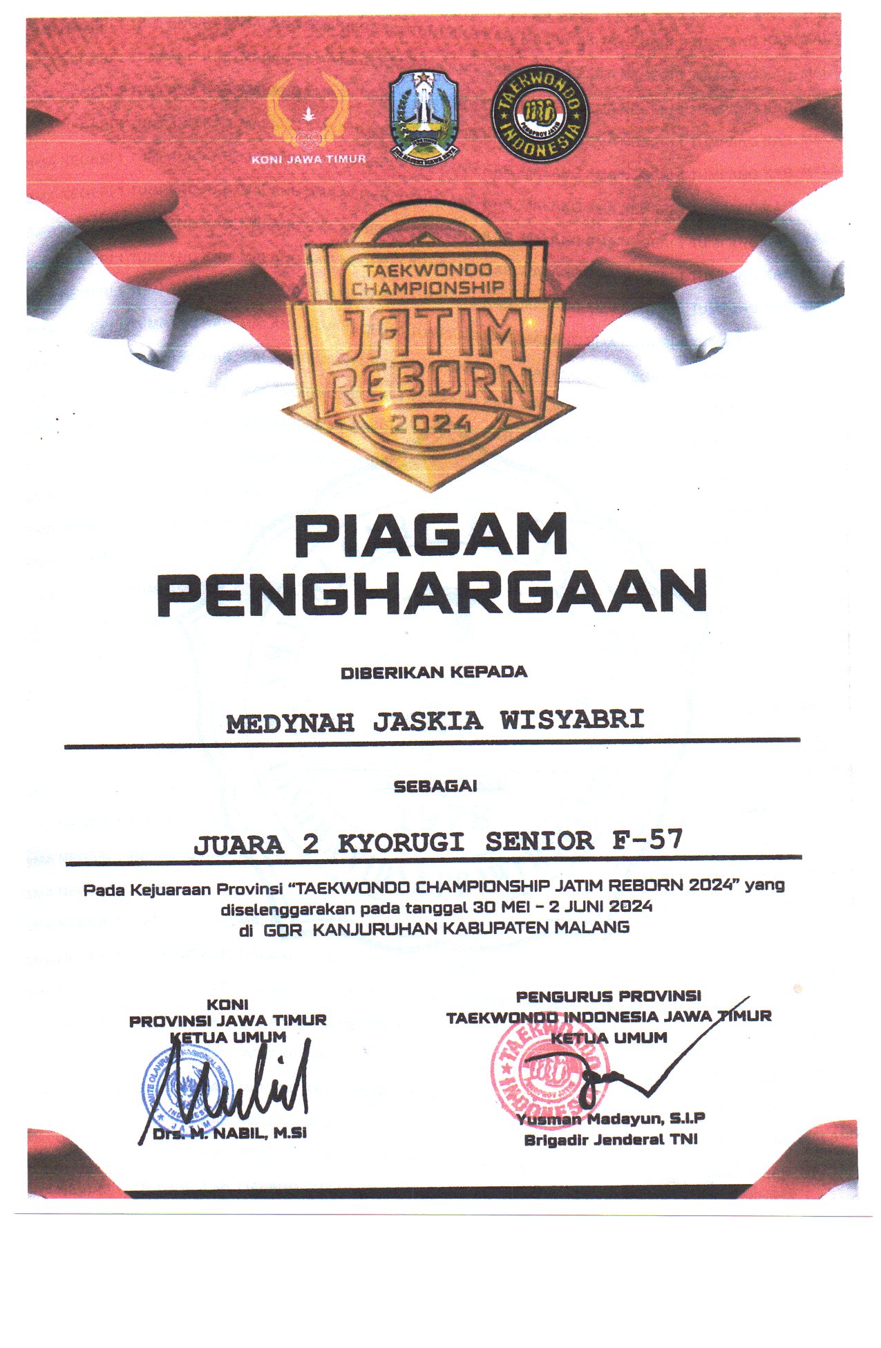 JUARA 2 KYORUGI SENIOR F-57 KEJUARAAN PROVINSI TAEKWONDO CHAMPIONSHIP JATIM REBORN 2024