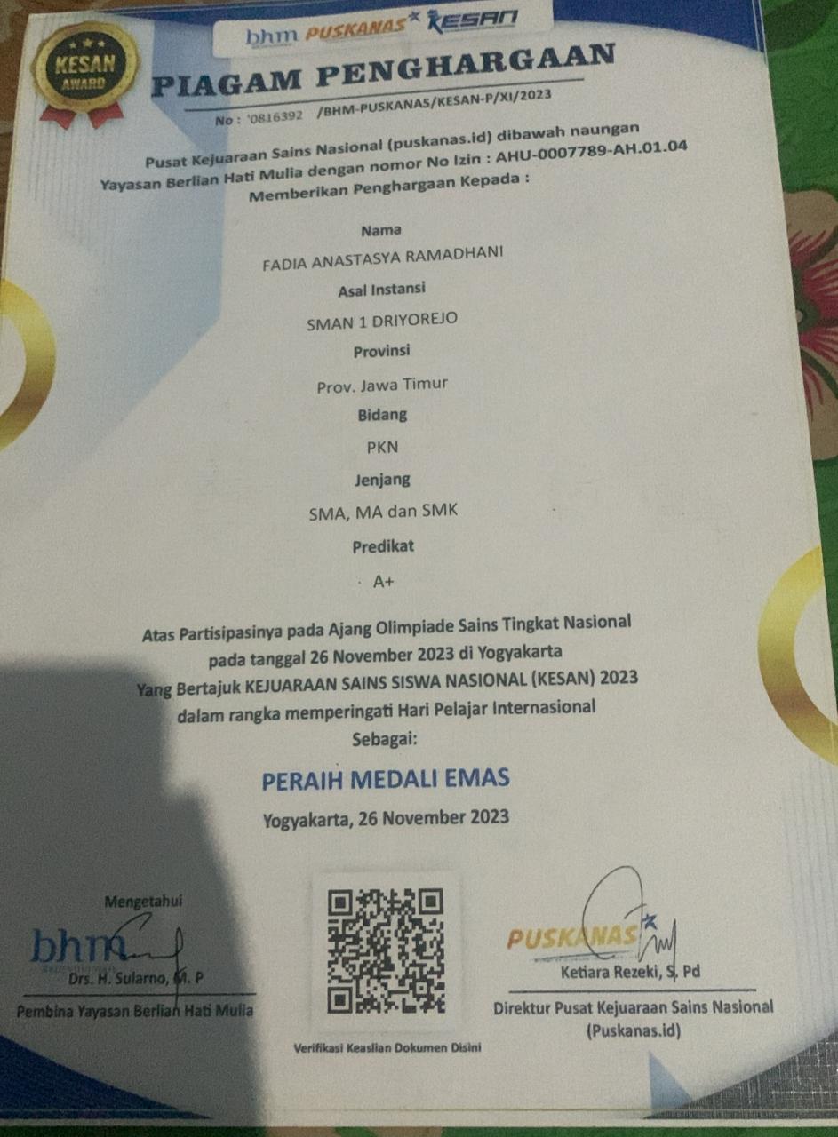 Peraih Medali Emas PKN SMA Olimpiade Sains Tingkat Nasional