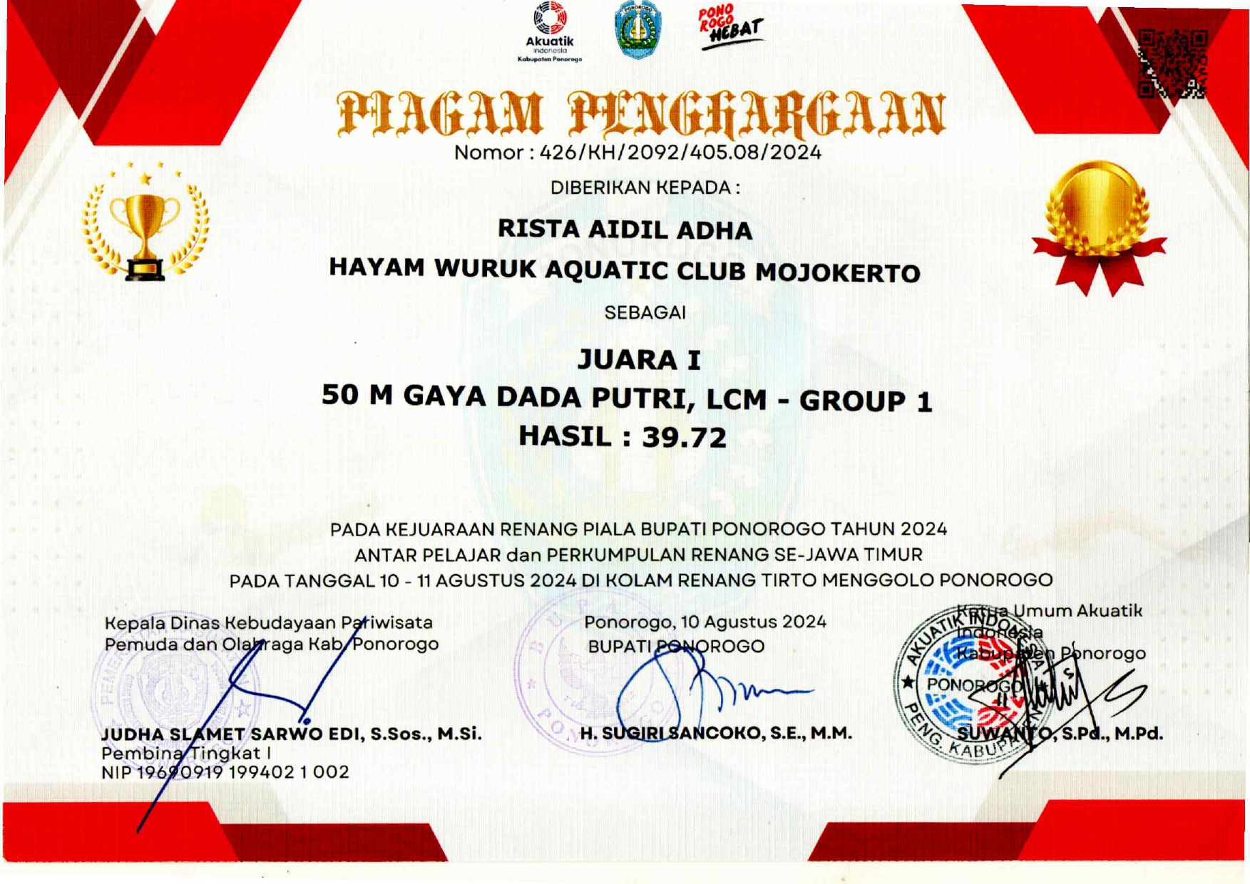 KEJUARAAN RENANG PIALA BUPATI PONOROGO KATEGORI 50 M GAYA DADA PUTRI LCM GROUP 1