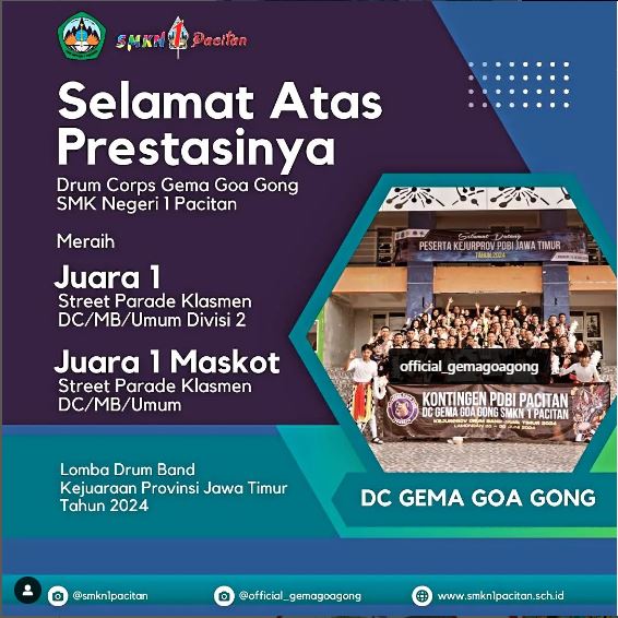 Juara 1 Street Parade Klasmen DC/MB/Umum Divisi 2 Lomba Drum Band Kejuaraan Provinsi Jawa Timur Tahun 2024.