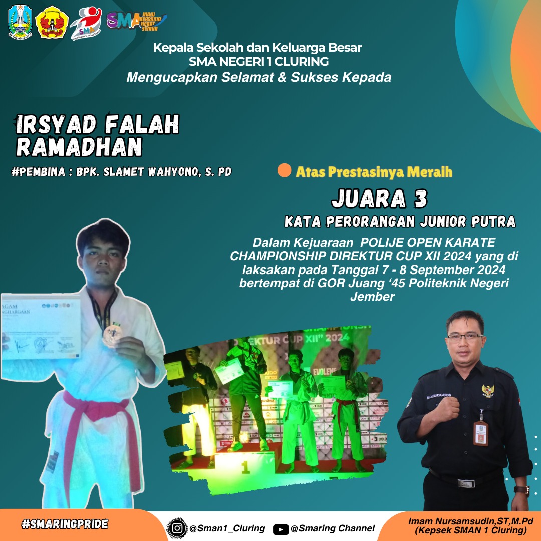 Juara 3 KATA Perorangan Junior Putra  Pada kejuaraan Polije Open Championship Direktur  Cup XII Tahun 2024, yang dilaksanakan di GOR Perjuangan 45 Politeknik Negeri Jember pada Tanggal 7-8 September 2024