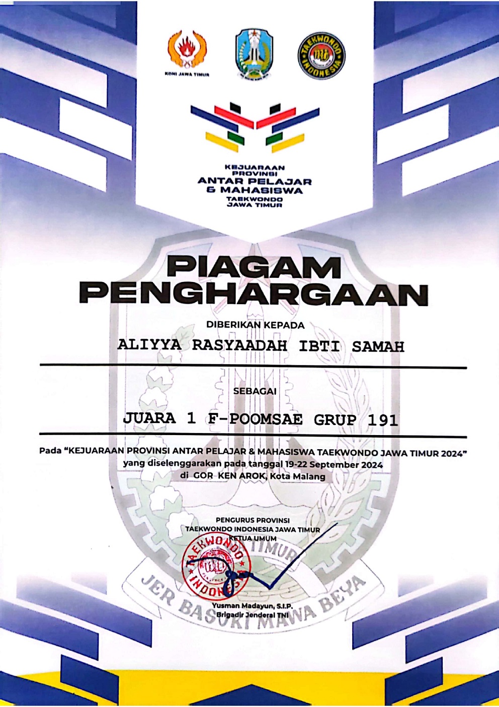 KEJUARAAN PROVINSI TINGKAT PELAJAR DAN MAHASISWA TAEKWONDO JAWA TIMUR 2024