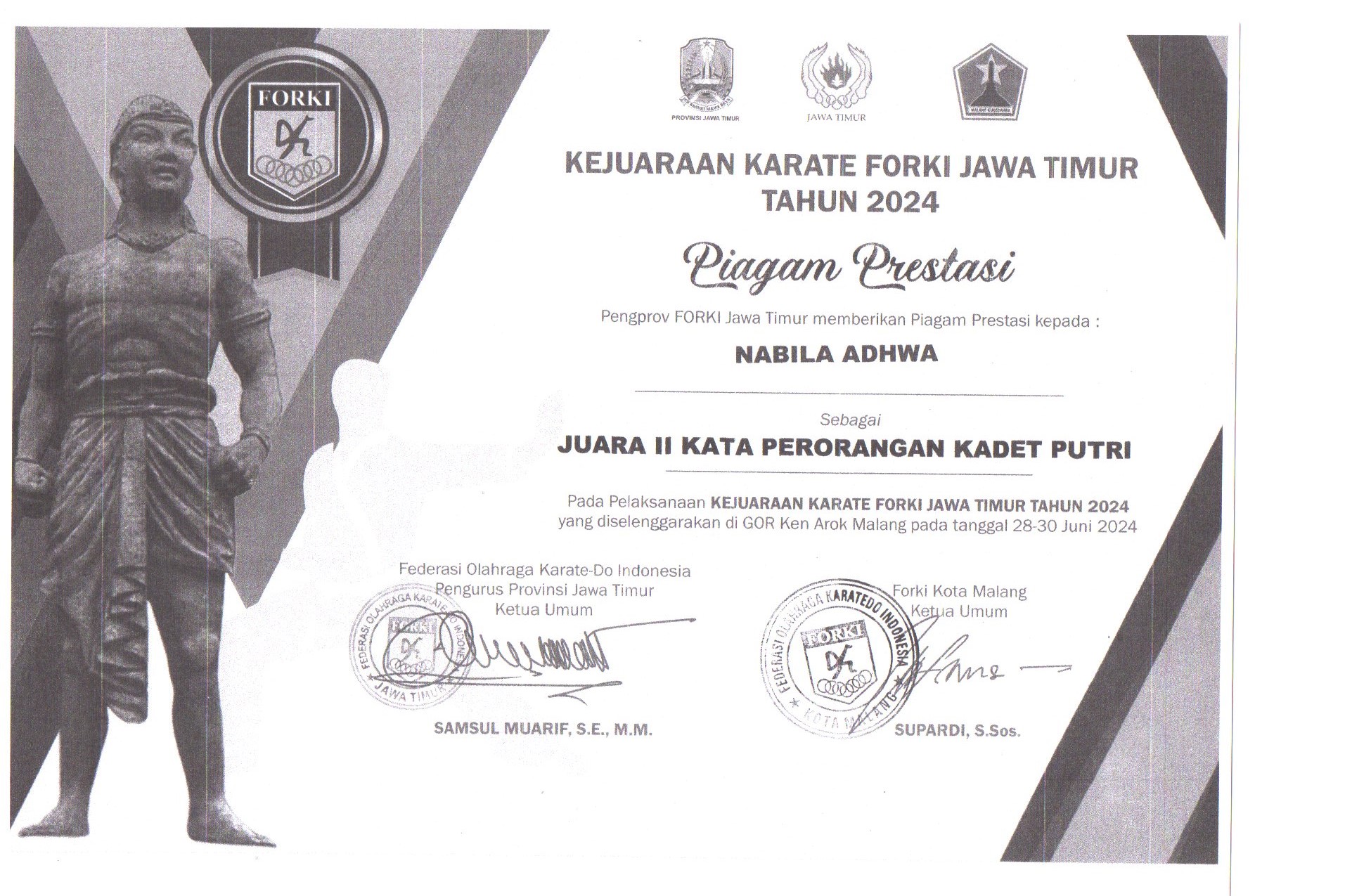 JUARA 2 KATA PERORANGAN KADET PUTRI KEJUARAAN KARATE FORKI JAWA TIMUR TAHUN 2024