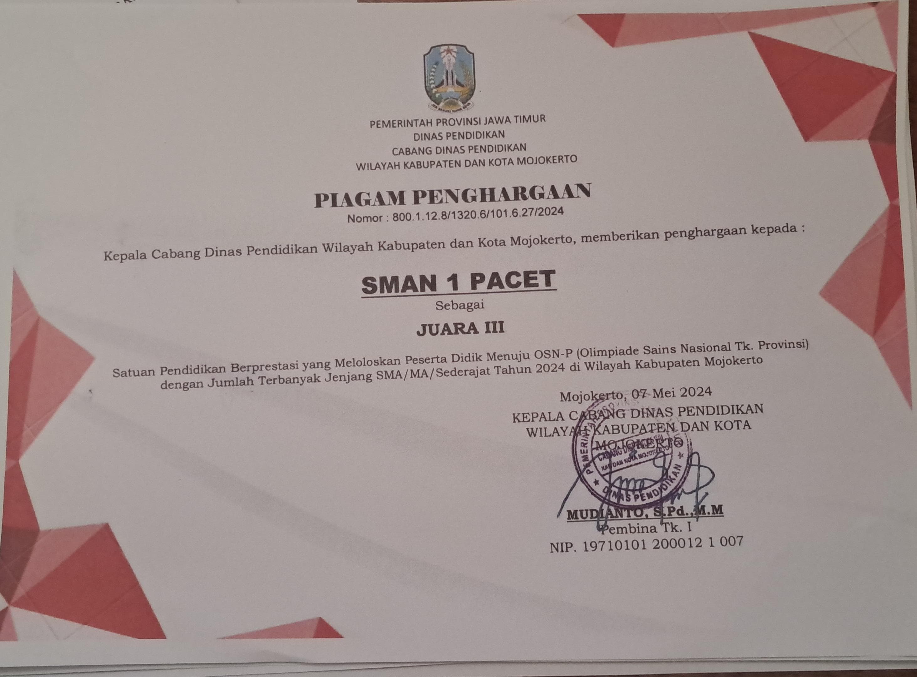 PENGHARGAAN SATUAN PENDIDIKAN BERPRESTASI YANG MELOLOSKAN PESERTA DIDIK MENUJU OSN-P (OLIMPIADE SAINS NASIONAL TK. PROVINSI) DENGAN  DENGAN JUMLAH TERBANYAK JENGJANG SMA/MA TAHUN 2024