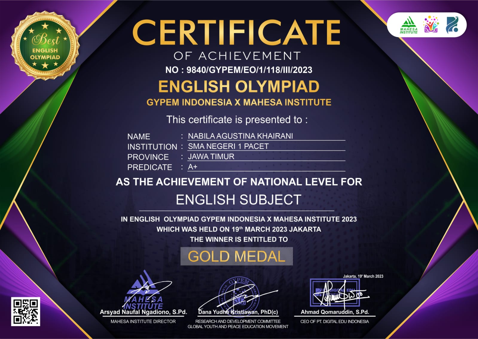 In english olympiad gypem Indonesia X Mahesa Institute 2023 which was held 19th March 2023 jakarta