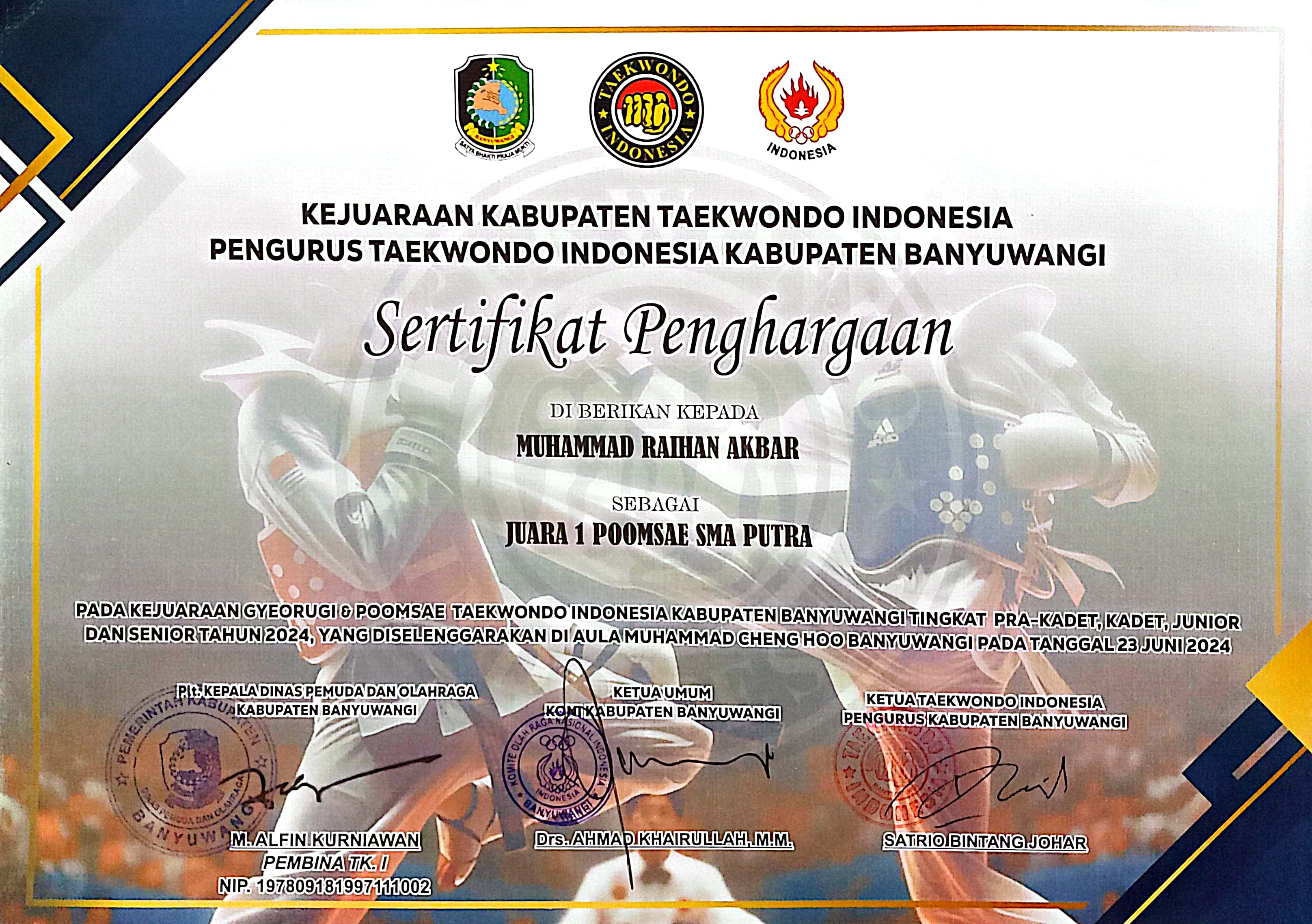 Juara 1  pada Kejuaraan Gyeorugi & Pomsae Taekwondo Indonesia Kab. Banyuwangi Tingkat Pra. Kadet, Kadet, Junior dan Senior tahun 2024