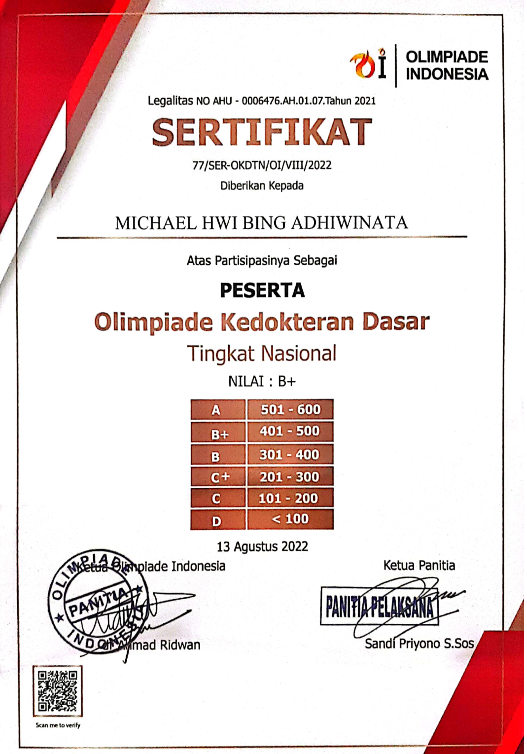 MEDALI PERAK BIDANG KEDOKTERAN DASAR Olimpiade Kedokteran Dasar Tingkat Nasional (OKDTN)