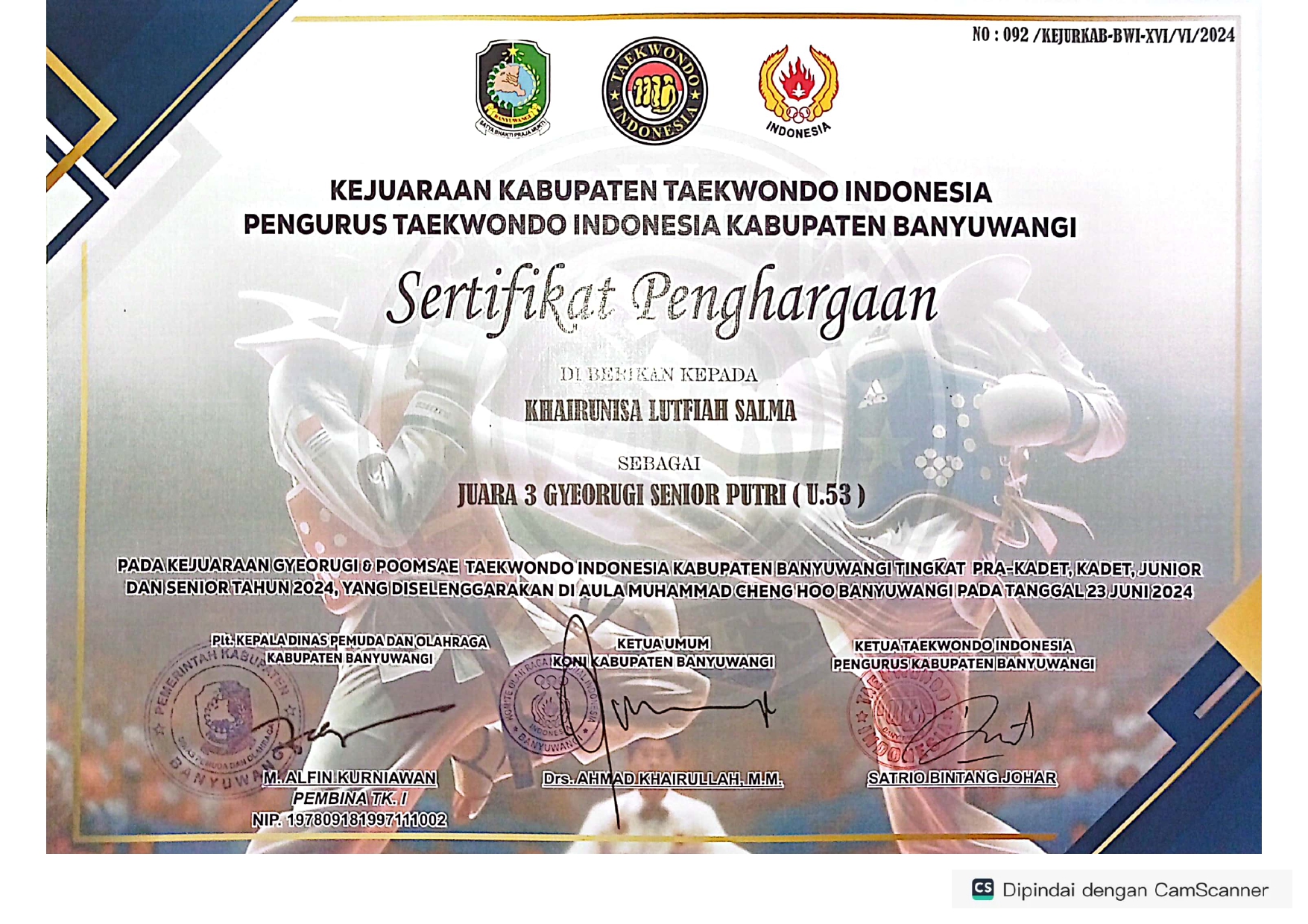 Juara 3 Gyeorugi Senior Putri (U.53) di Kejuaraan Gyeorogi & Poomsae Taekwondo Indonesia Kabupaten Banyuwangi Tahun 2024