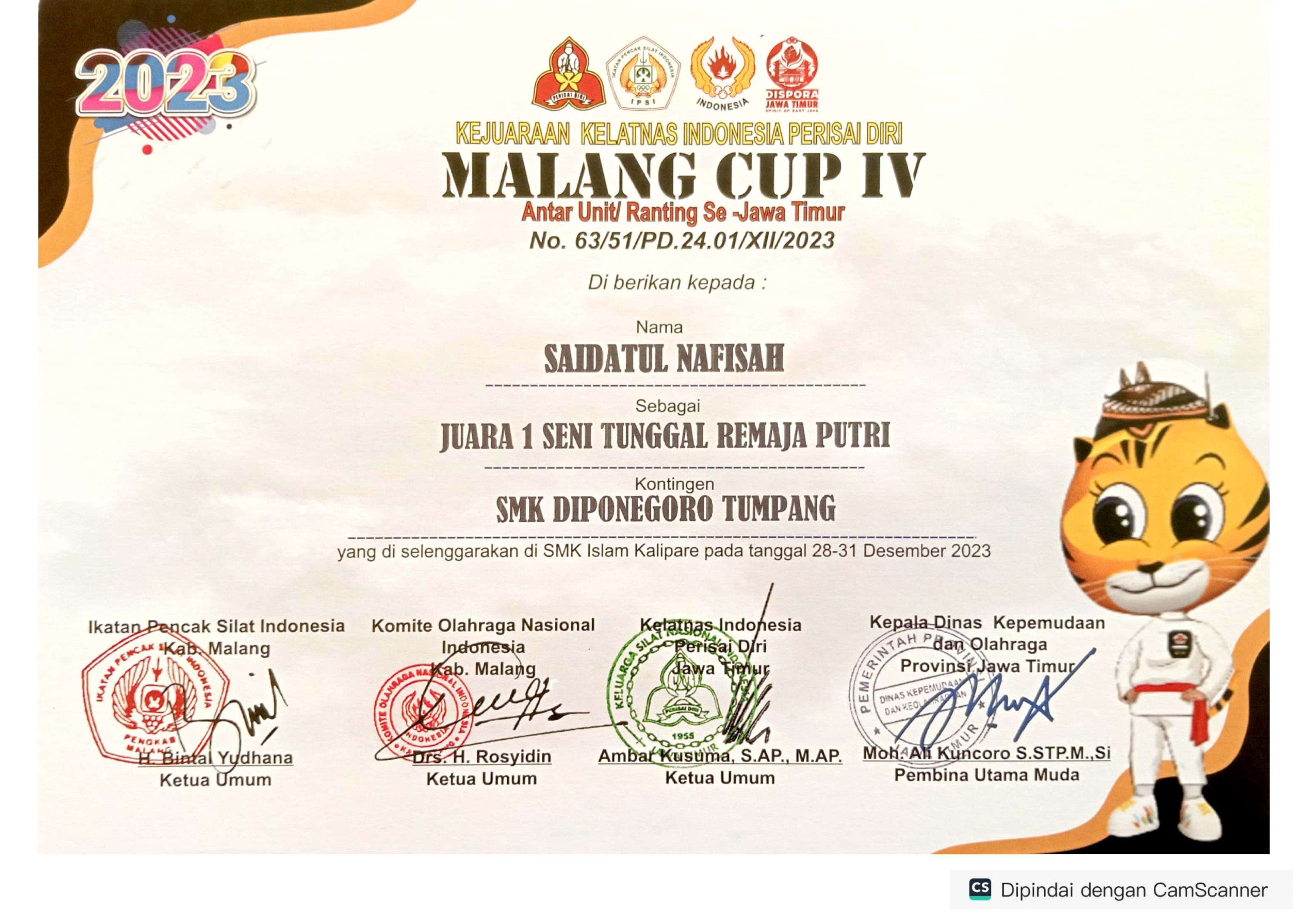 Juara 1 Seni Tunggal Remaja Putri Kejuaraan Kelatnas Indonesia Perisai Diri Malang Cup IV