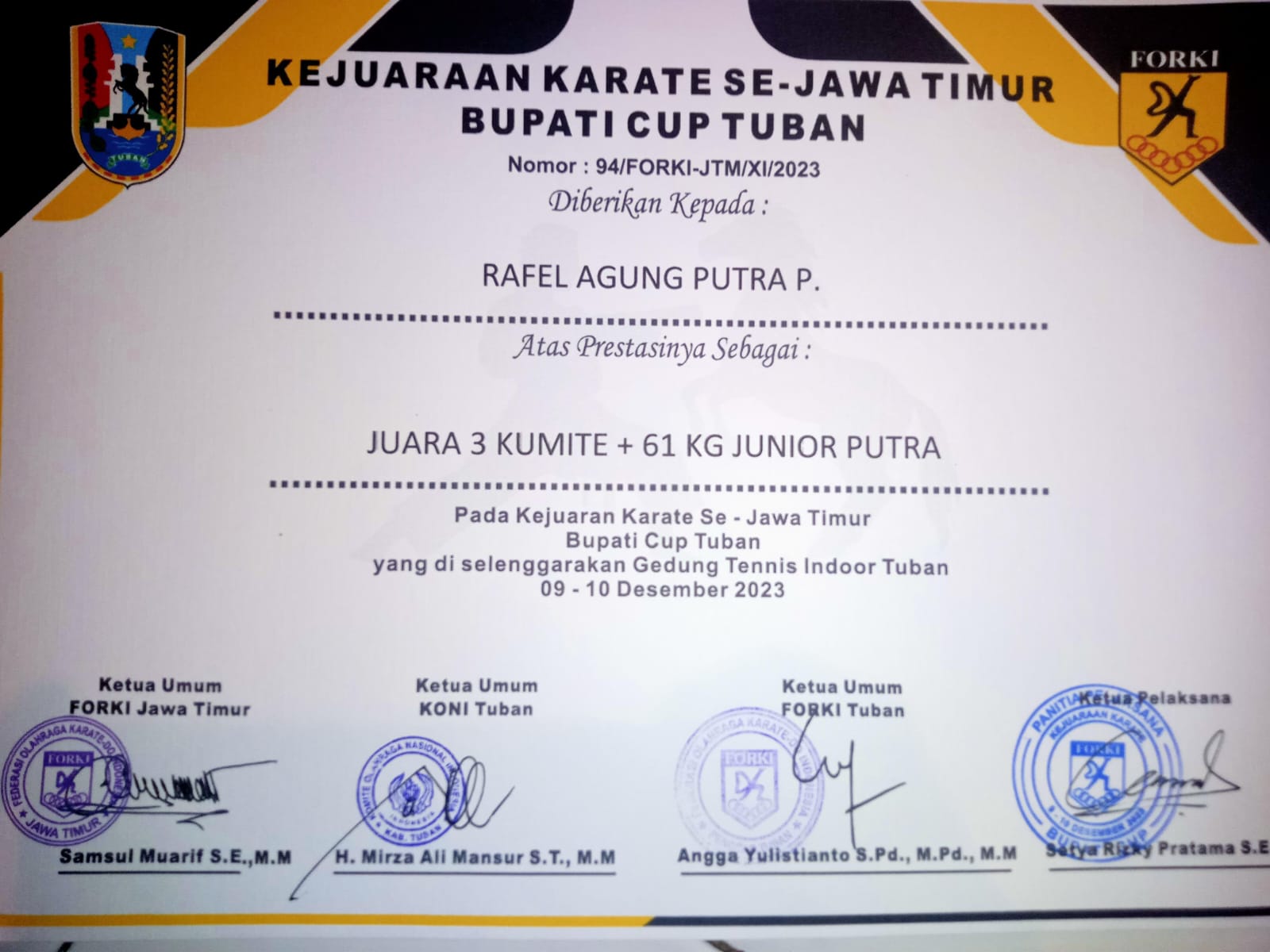 Juara III Kumite +61 Kg Junior KEJUARAAN PIALA BUPATI TUBAN TINGKAT PROPINSI JAWA TIMUR 2023