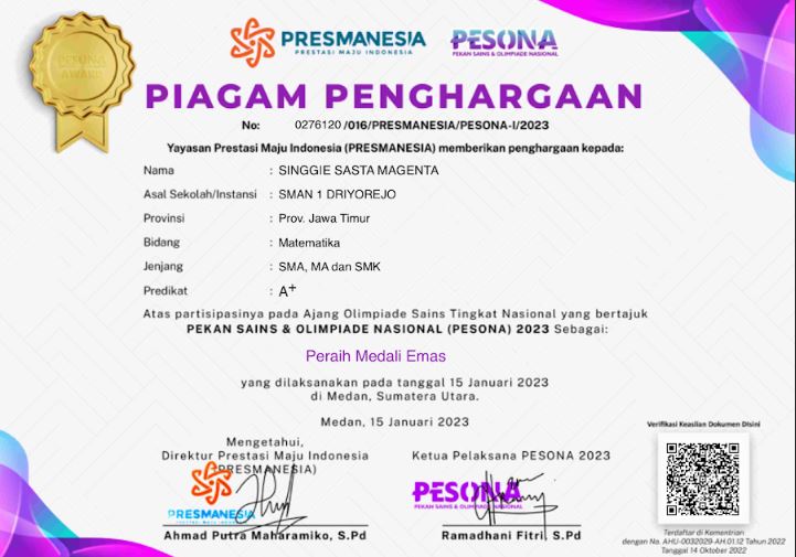 Peraih Medali Emas Lomba Sains matematika tingkat nasional