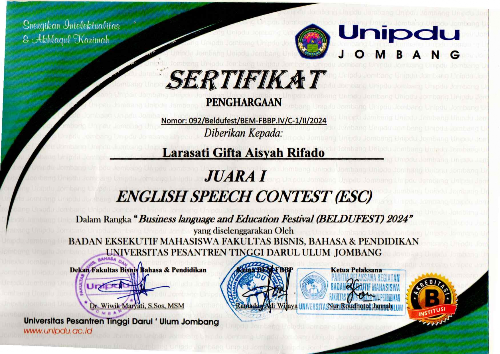 ENGLISH SPEECH CONTEST (ESC) DALAM RANGKA BUSINESS LANGUAGE AND EDUCATION FESTIVAL (BELDUFEST) 2024 