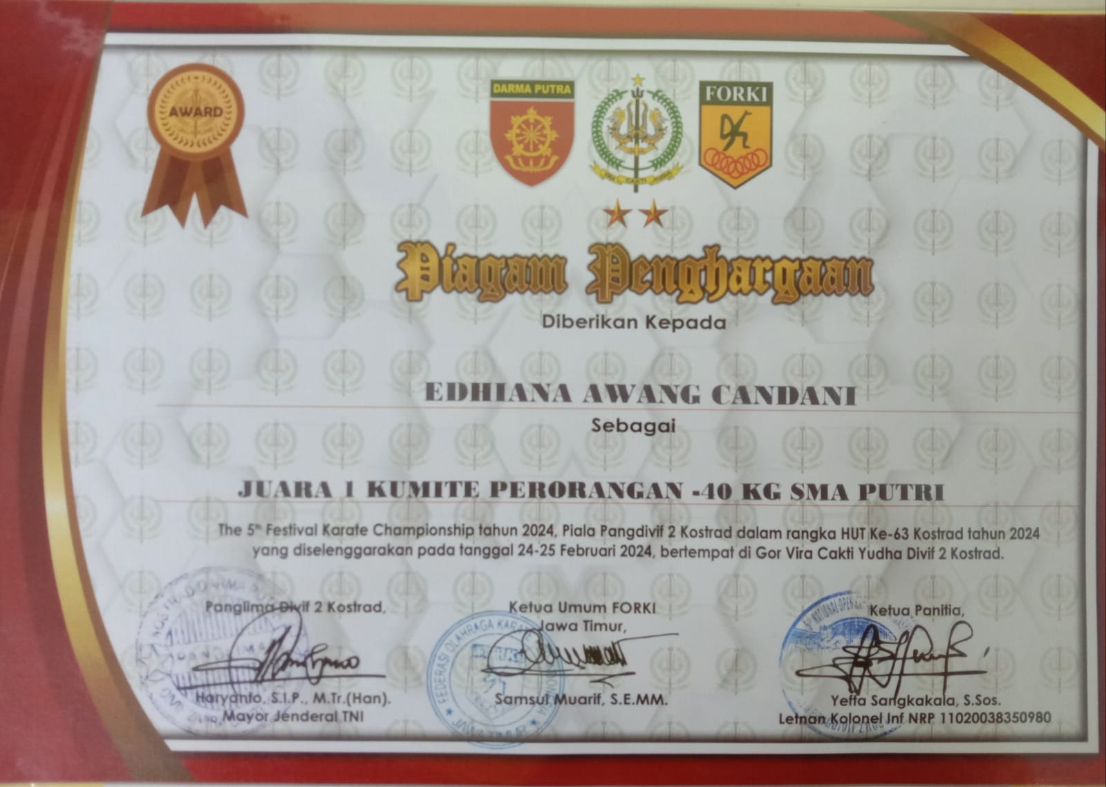 The 5th Festival Karate Championship 2024 Piala Pangdivif 2 Kostrad dalam Rangka HUT Ke-63 Kostrad tahun 2024