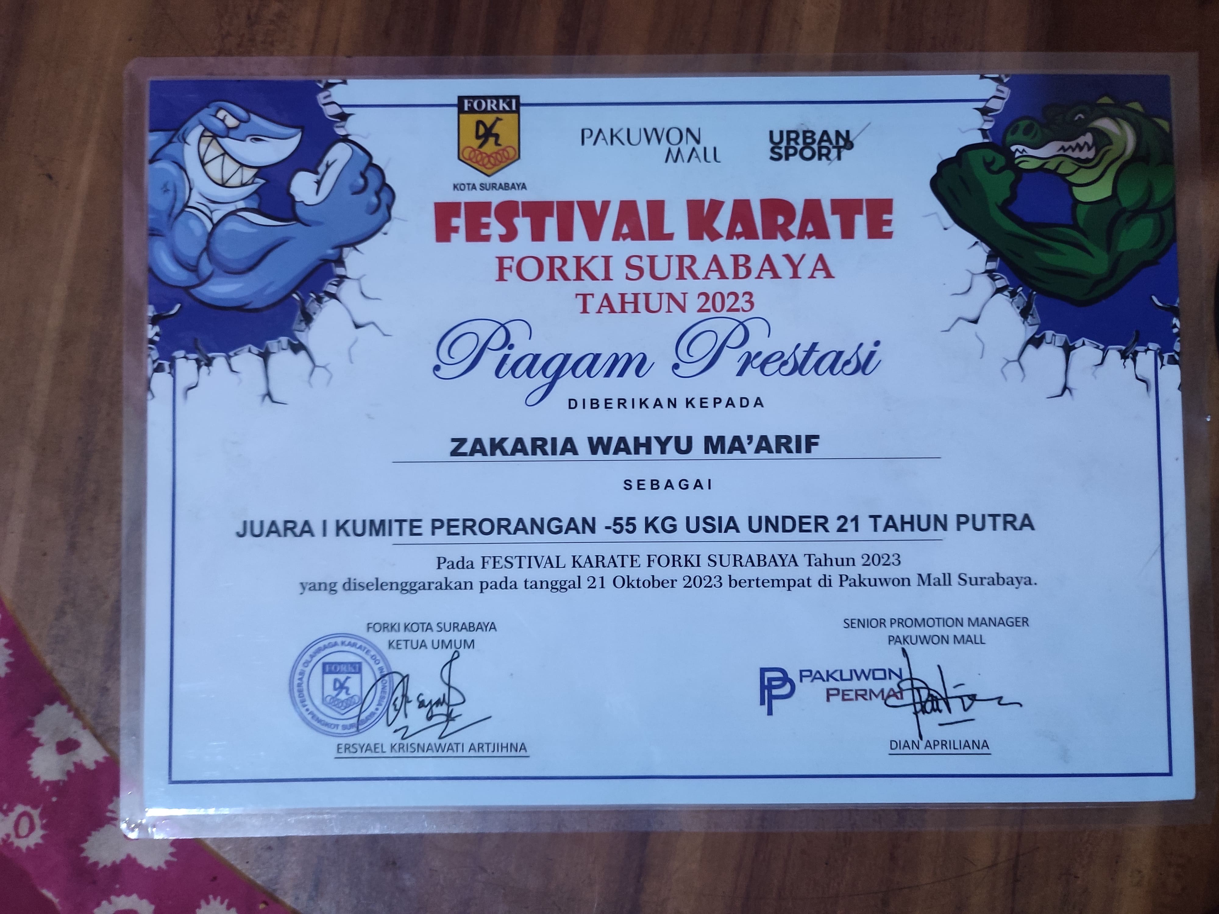 KEJUARAAN KARATE JUARA 1 KUMITE PERORANGAN -55KG USIA UNDER 21 TAHUN PUTRA