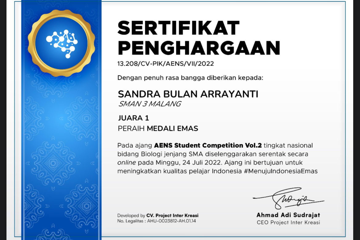 JUARA 1 PERAIH MEDALI EMAS BIDANG BIOLOGI AENS STUDENT COMPETITION VOL.2