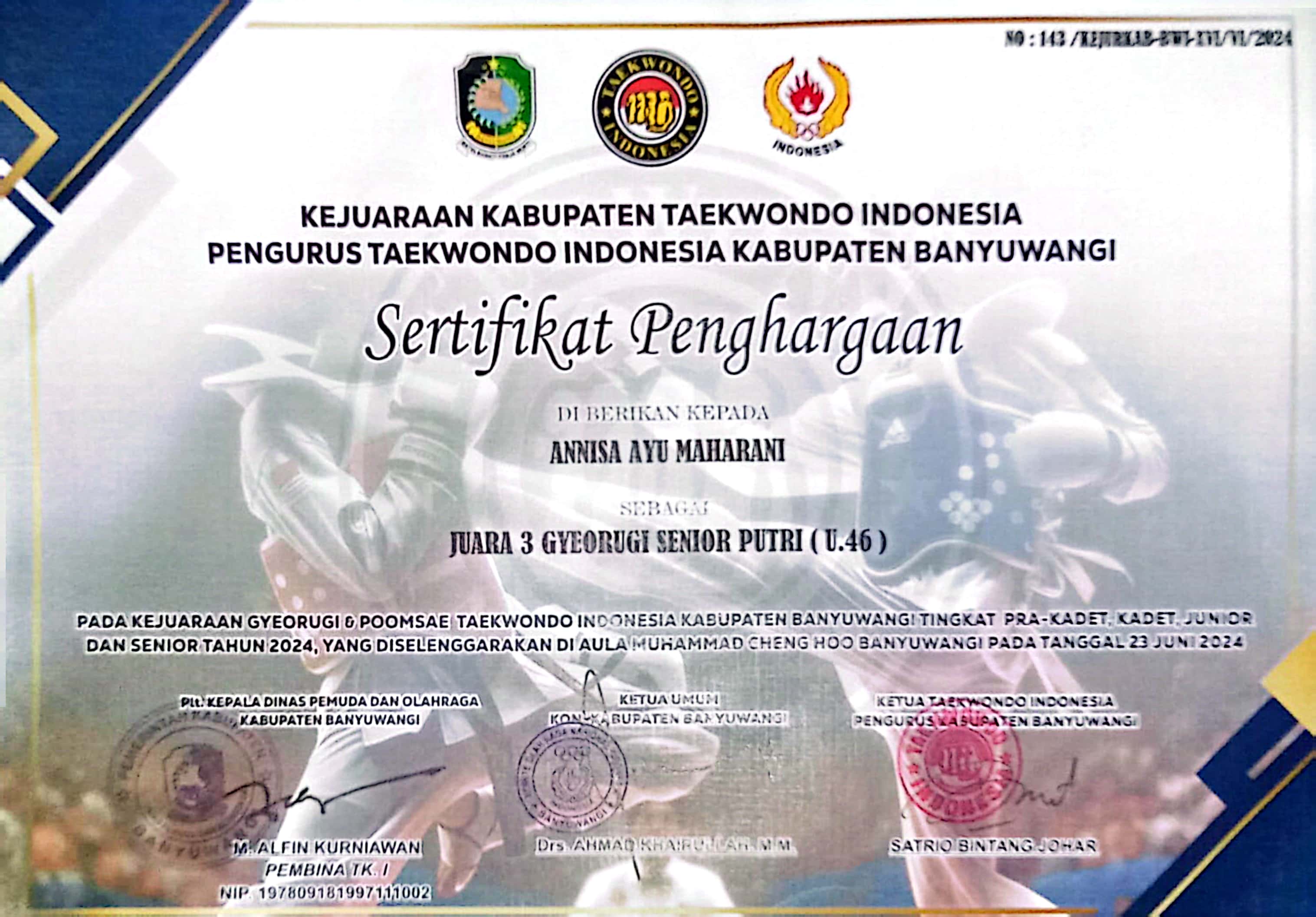 Juara 3 pada Kejuaraan Gyeorugi & Pomsae Taekwondo Indonesia Kab. Banyuwangi Tingkat Pra. Kadet, Kadet, Junior dan Senior tahun 2024