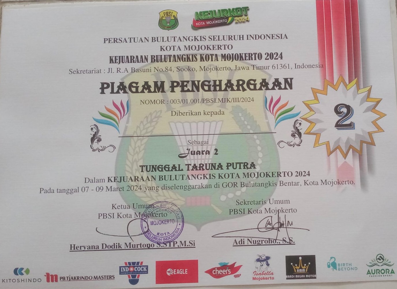 Juara 2 Tunggal Taruna Putra Kejuaraan Bulu Tangkis Tahun 2024