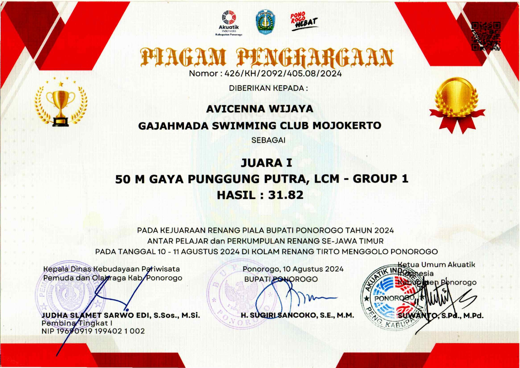 KEJUARAAN RENANG PIALA BUPATI PONOROGO KATEGORI 50 M GAYA PUNGGUNG PUTRA LCM GROUP 1