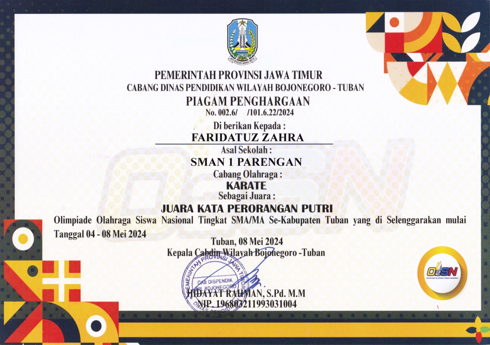 O2SN - CABANG LOMBA KATA PERORANGAN PUTRI TINGKAT SMA/MA SE-KABUPATEN TUBAN MULAI TGL. 04 - 08 MEI 2024