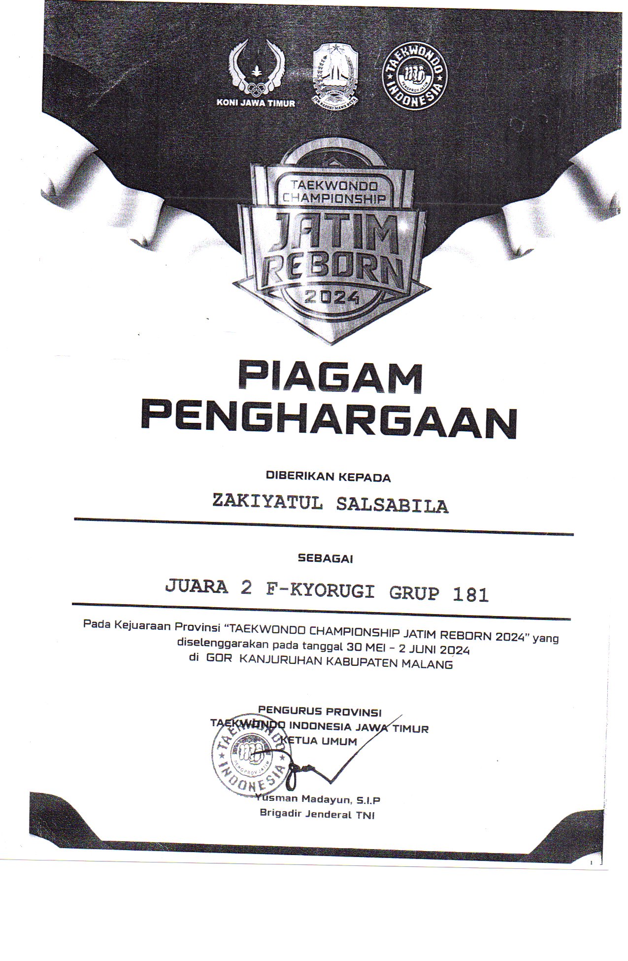 JUARA 2 F KYORUGI GRUP 181 PADA KEJUARAAN PROVINSI TAEKWONDO CHAMPIONSHIP JATIM REBORN 2024