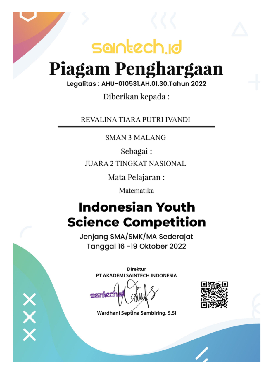 Juara 2 di bidang matematika Indonesia Youth Science Competition