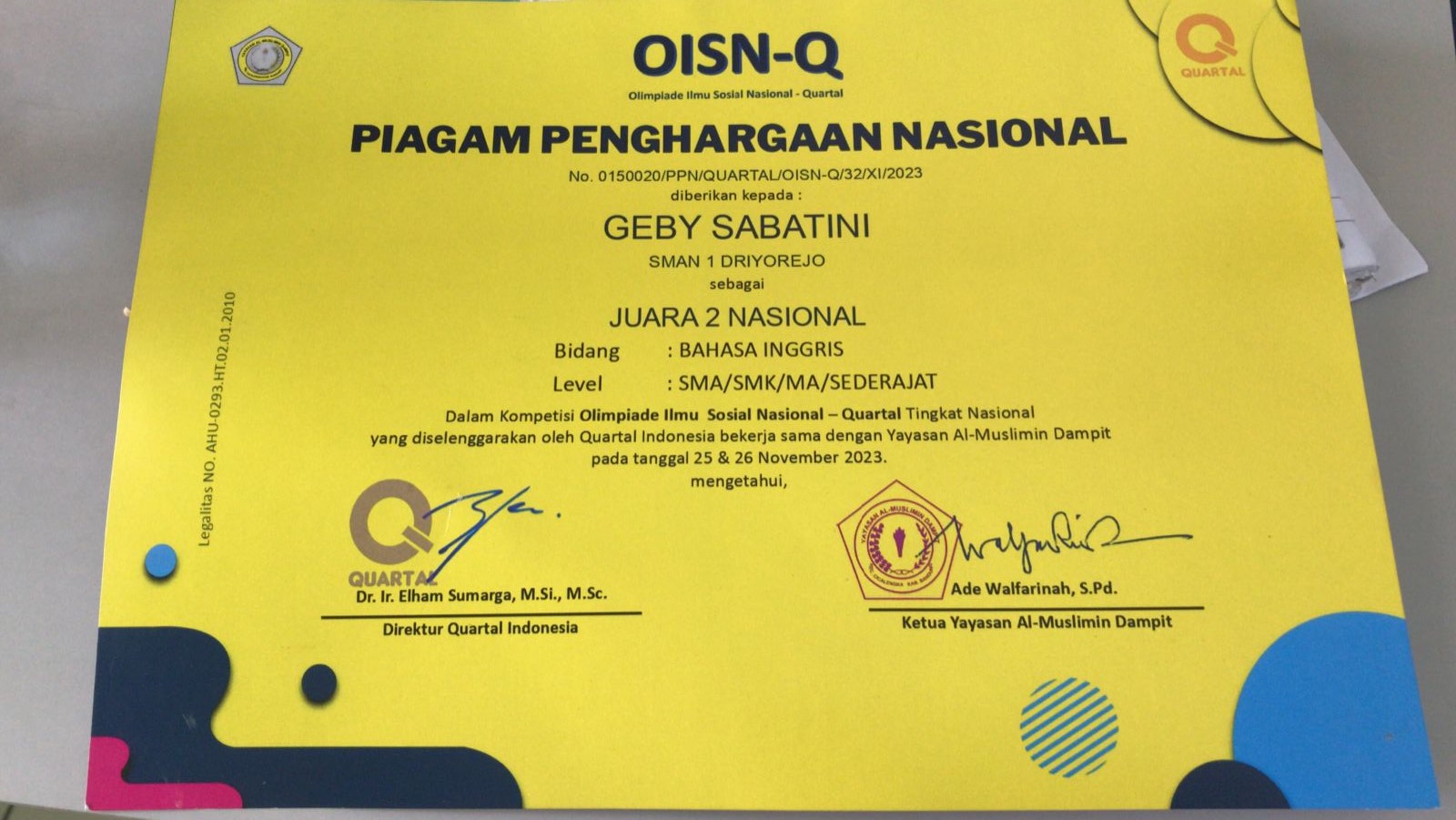 Juara 2 Nasional Bahasa Inggris