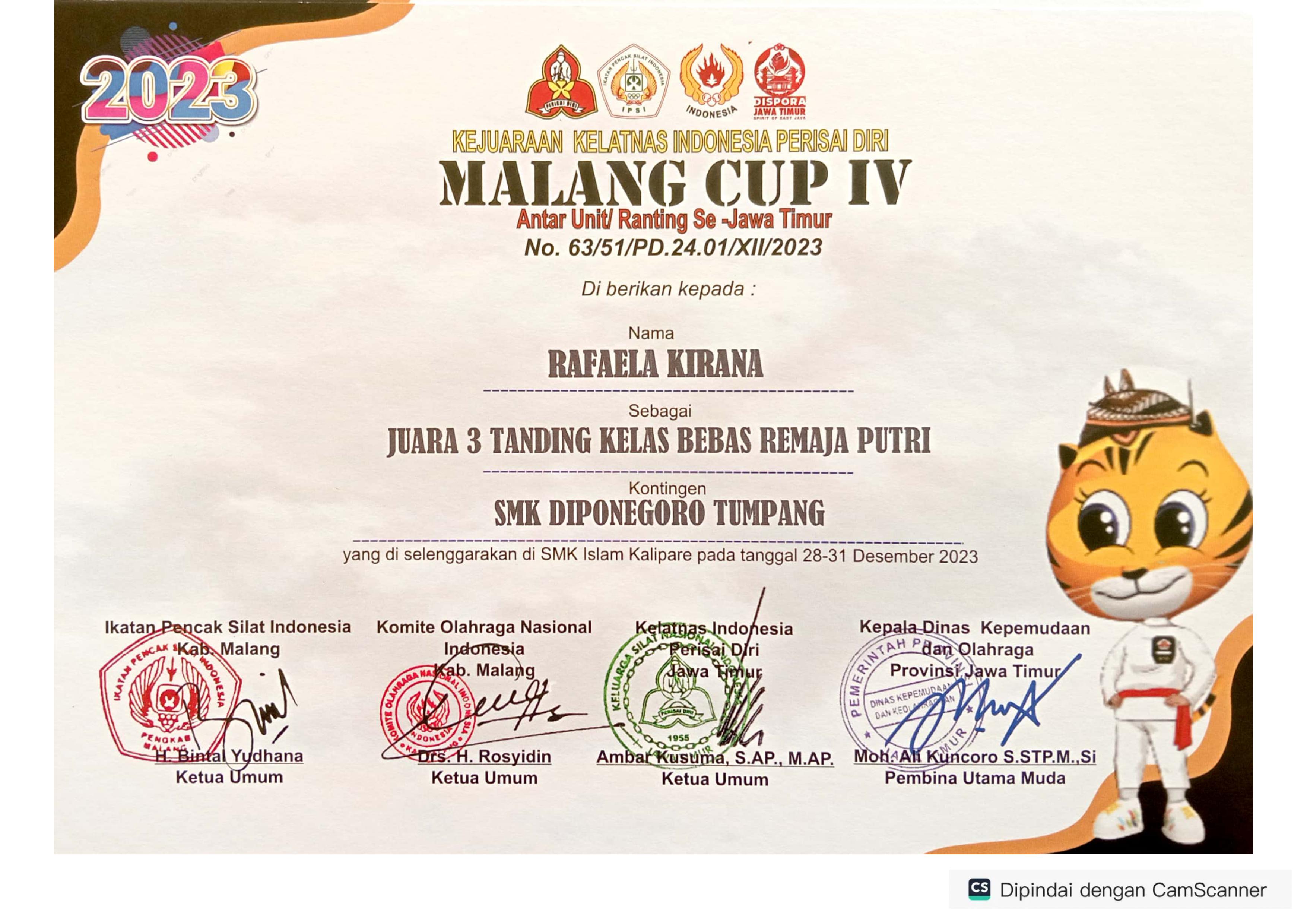 Juara 3 Tanding Kelas Bebas Remaja Putri Kejuaraan Kelatnas Indonesia Perisai Diri Malang Cup IV