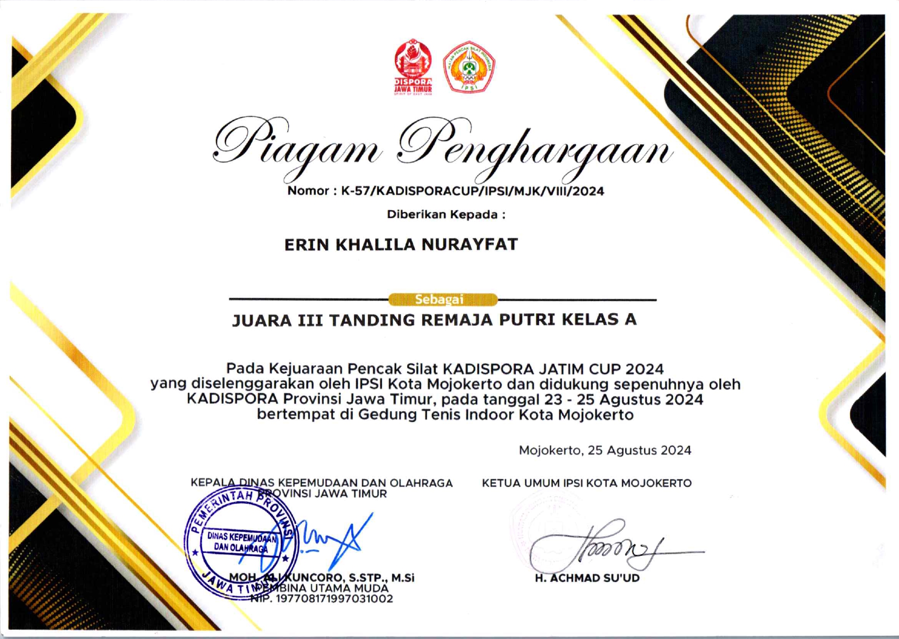 KEJUARAAN PENCAK SILAT KADISPORA JATIM CUP 2024 KATEGORI TANDING REMAJA PUTRI KELAS A