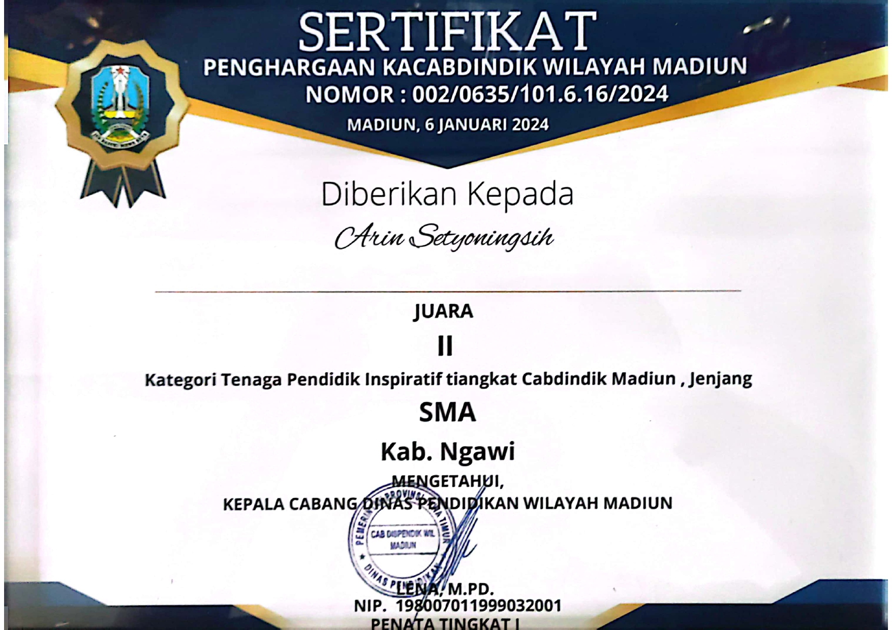 TENAGA PENDIDIK INSPIRATIF TINGKAT CABDINDIK MADIUN TINGKAT SMA