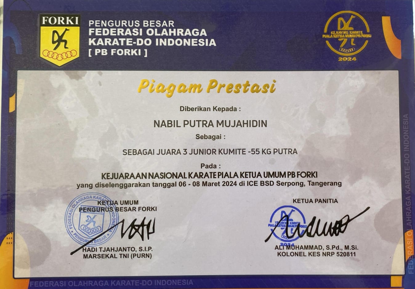 KEJUARAAN NASIONAL KARATE PIALA  KETUA UMUM PB FORKI JUARA 3 JUNIOR KUMITE -55KG PUTRA
