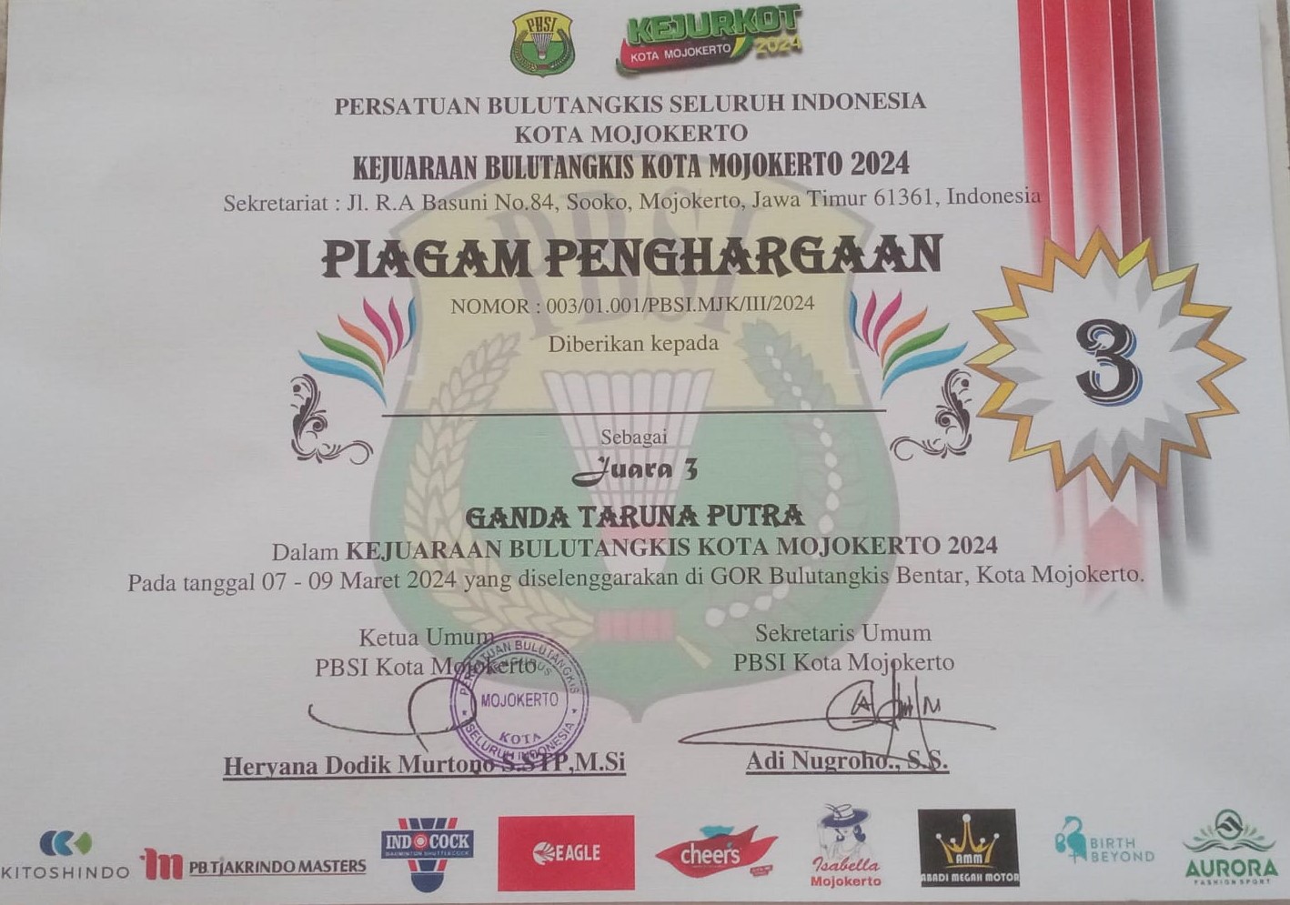 Ganda Taruna Kejuaraan Bulu Tangkis Kota Mojokerto Tahun 2024