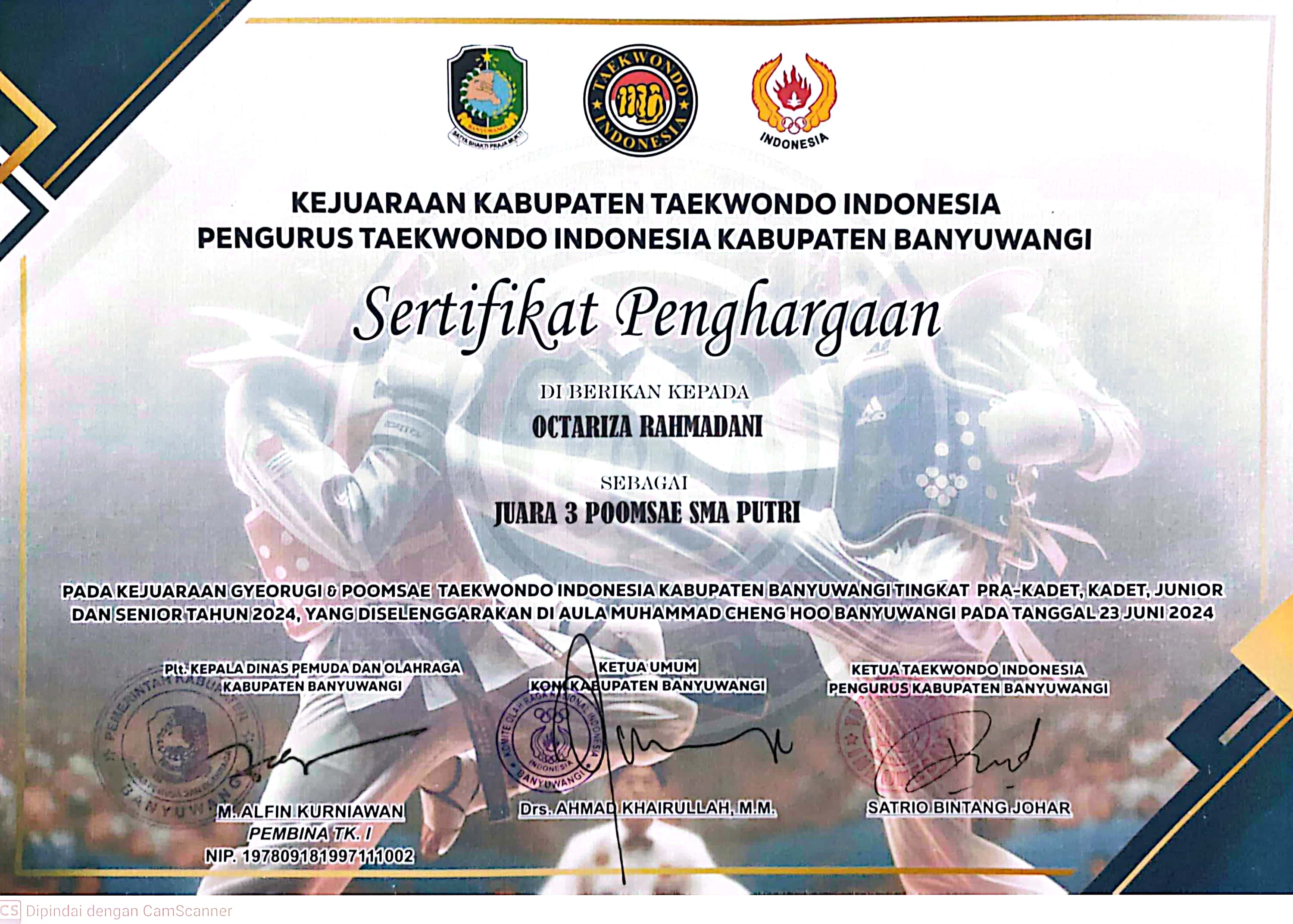 Juara 3 Poomsae Putra pada Kejuaraan Gyeorugi & Pomsae Taekwondo Indonesia Kab. Banyuwangi Tingkat Pra. Kadet, Kadet, Junior dan Senior tahun 2024